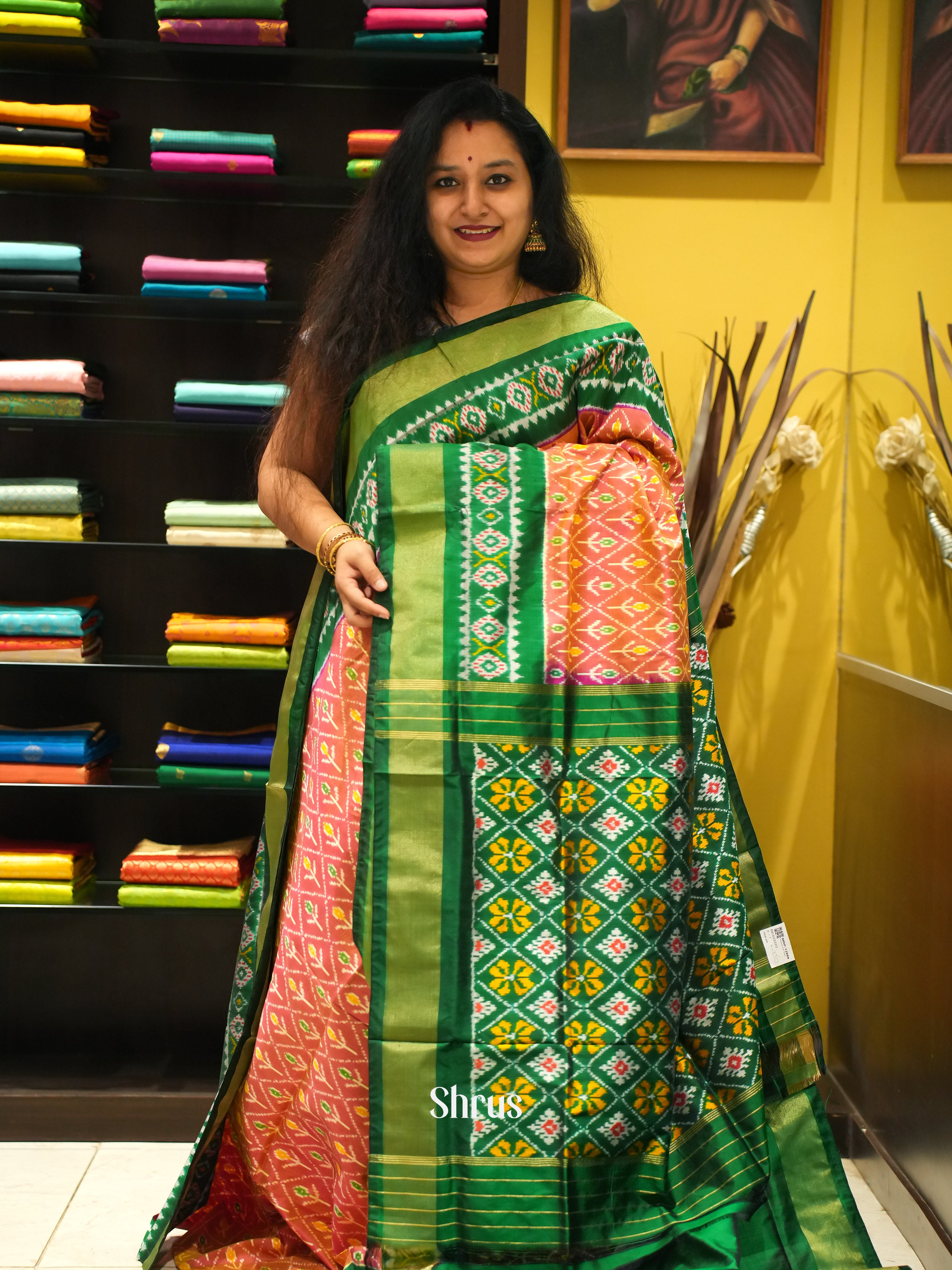 Pink & Green- Ikkat Silk Saree - Shop on ShrusEternity.com