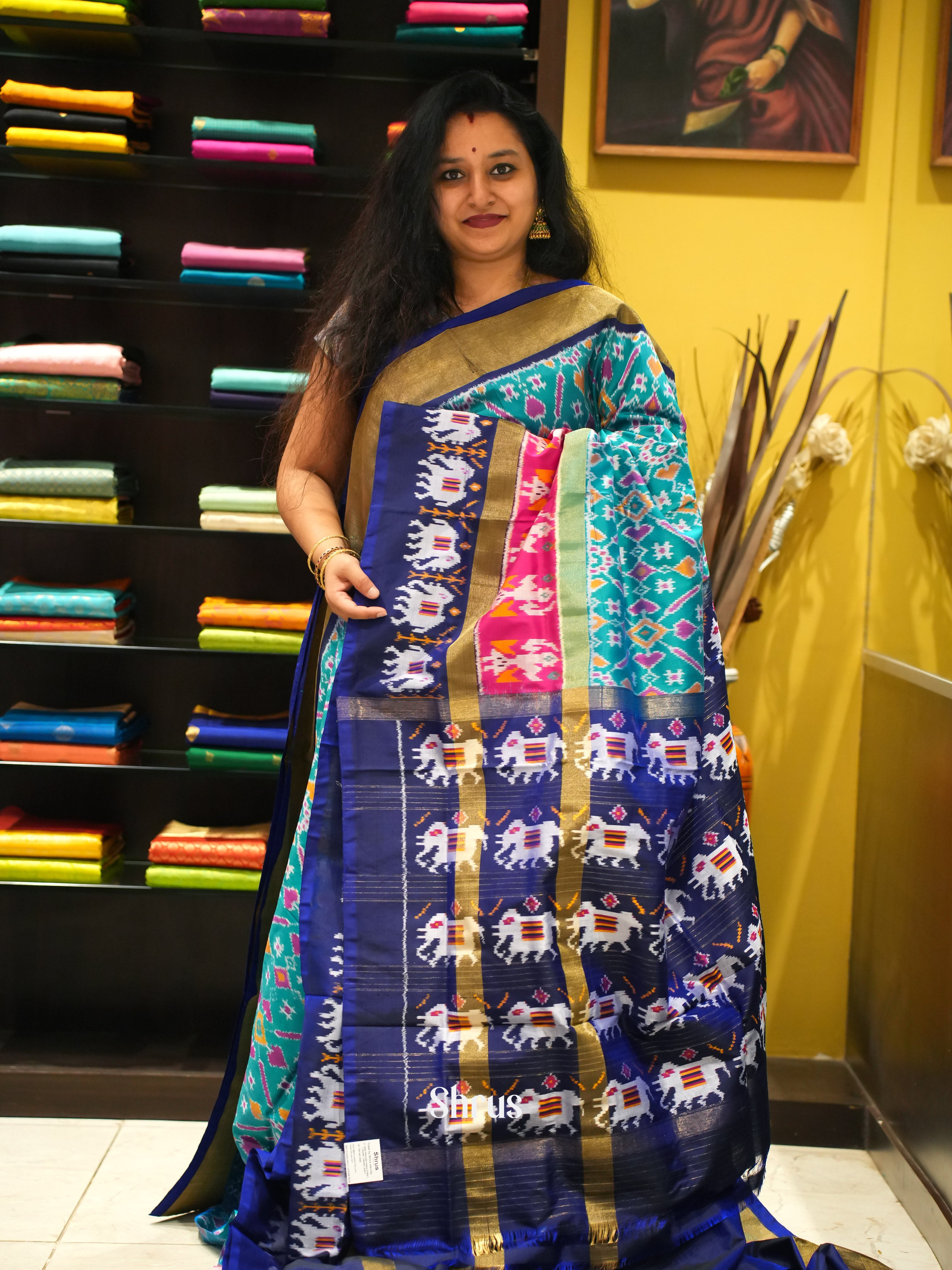 Teal  & Blue - Ikkat Silk Saree - Shop on ShrusEternity.com