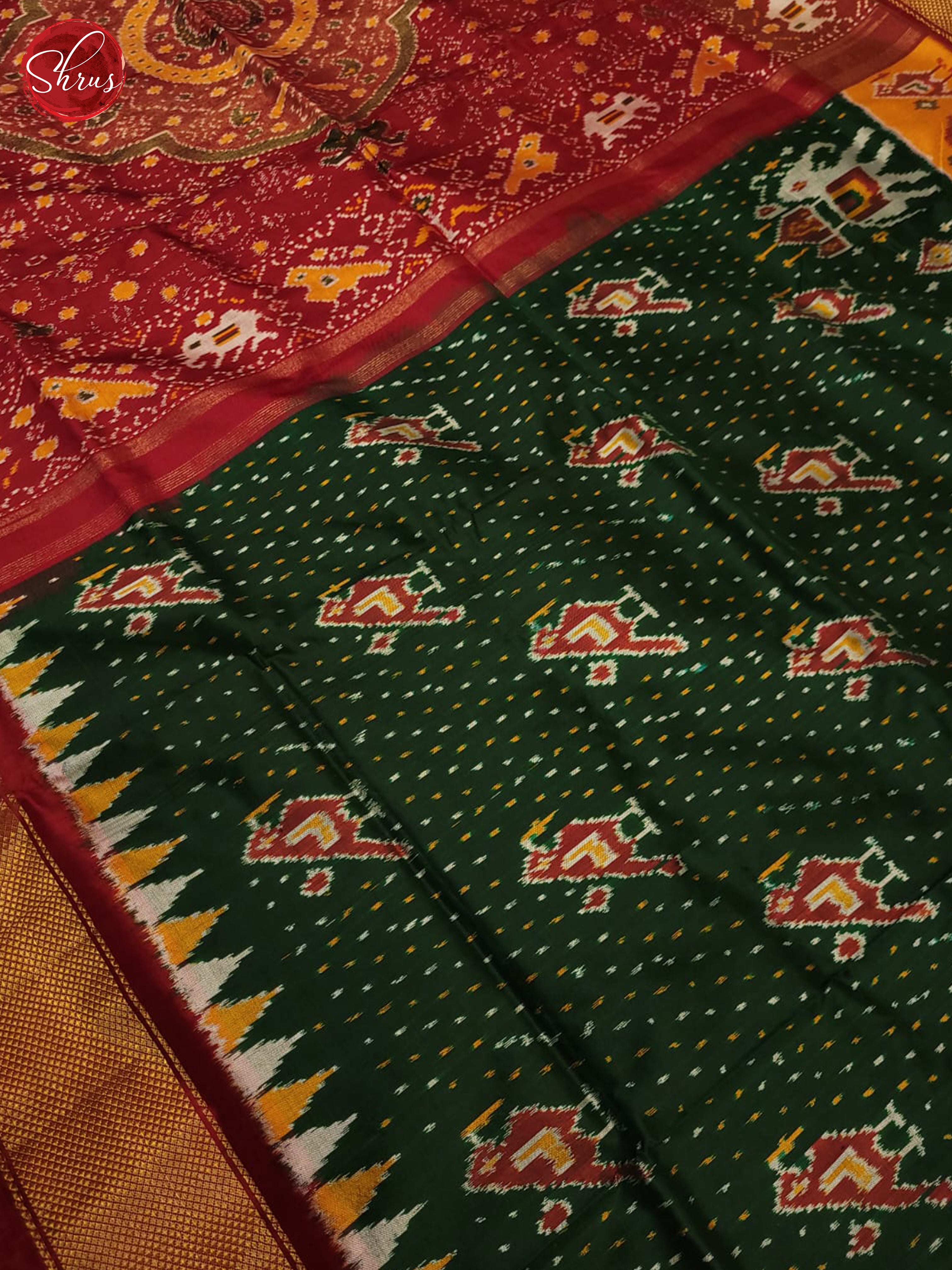 bottle green and Red- Ikkat Silk Saree - Shop on ShrusEternity.com