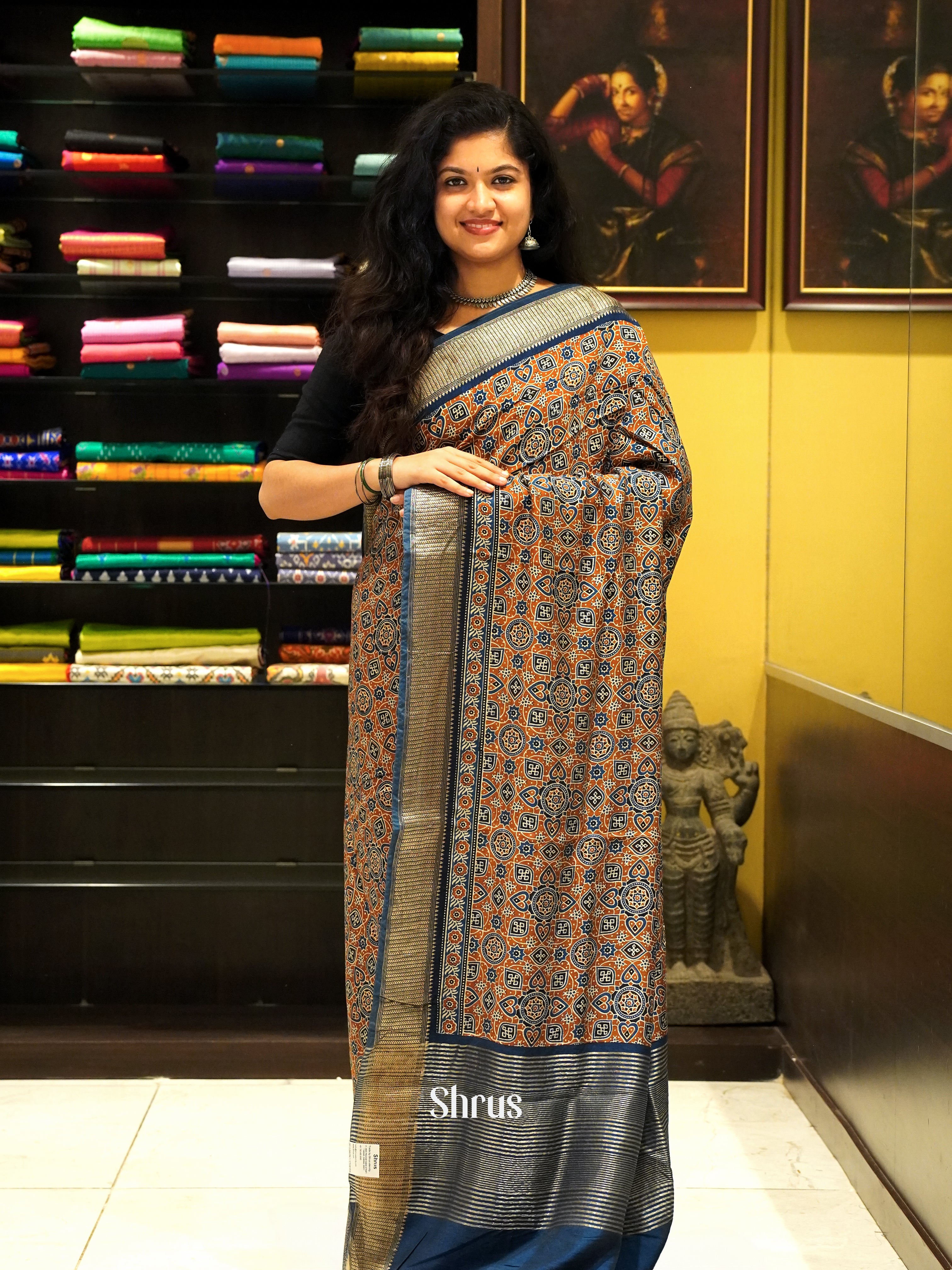 Brown & Blue - Semi Crepe Saree