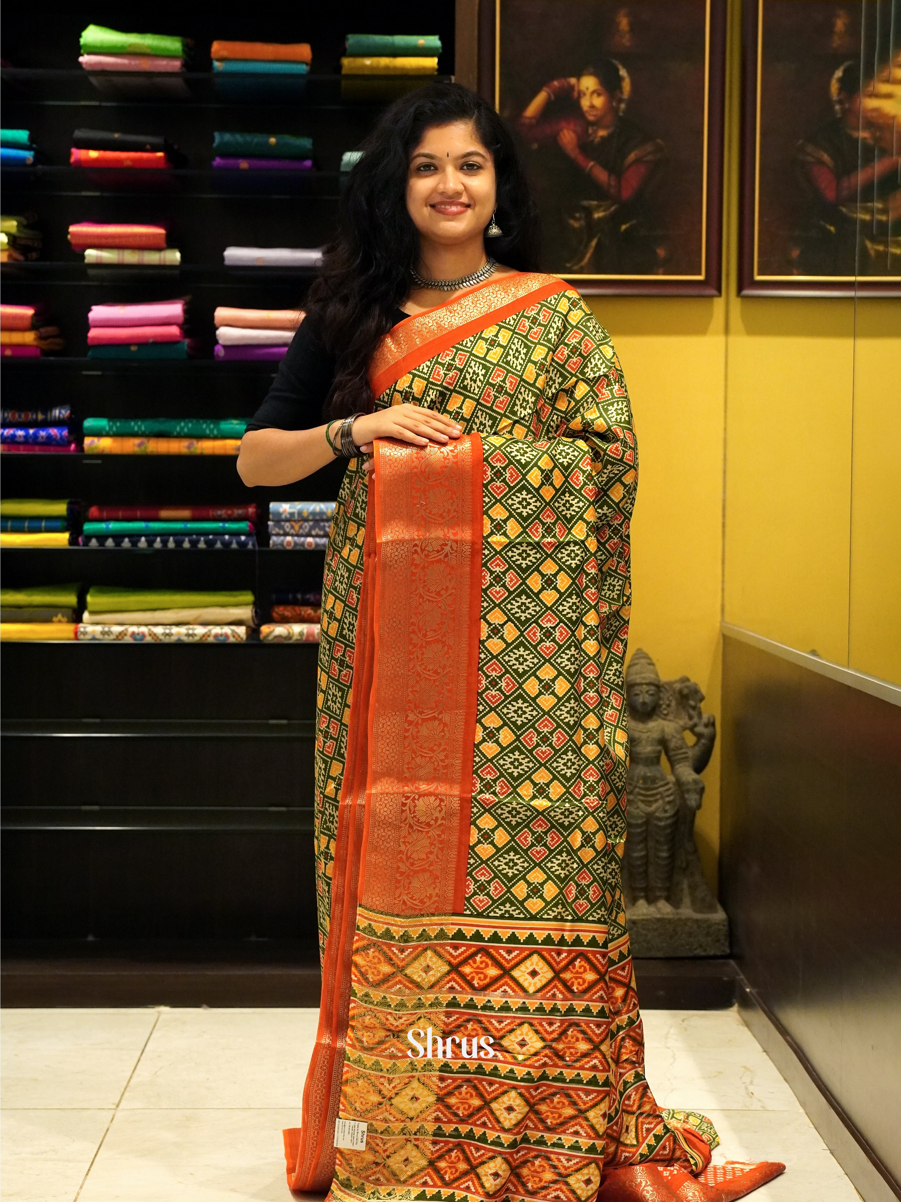 Green & Orange - Semi Crepe Saree