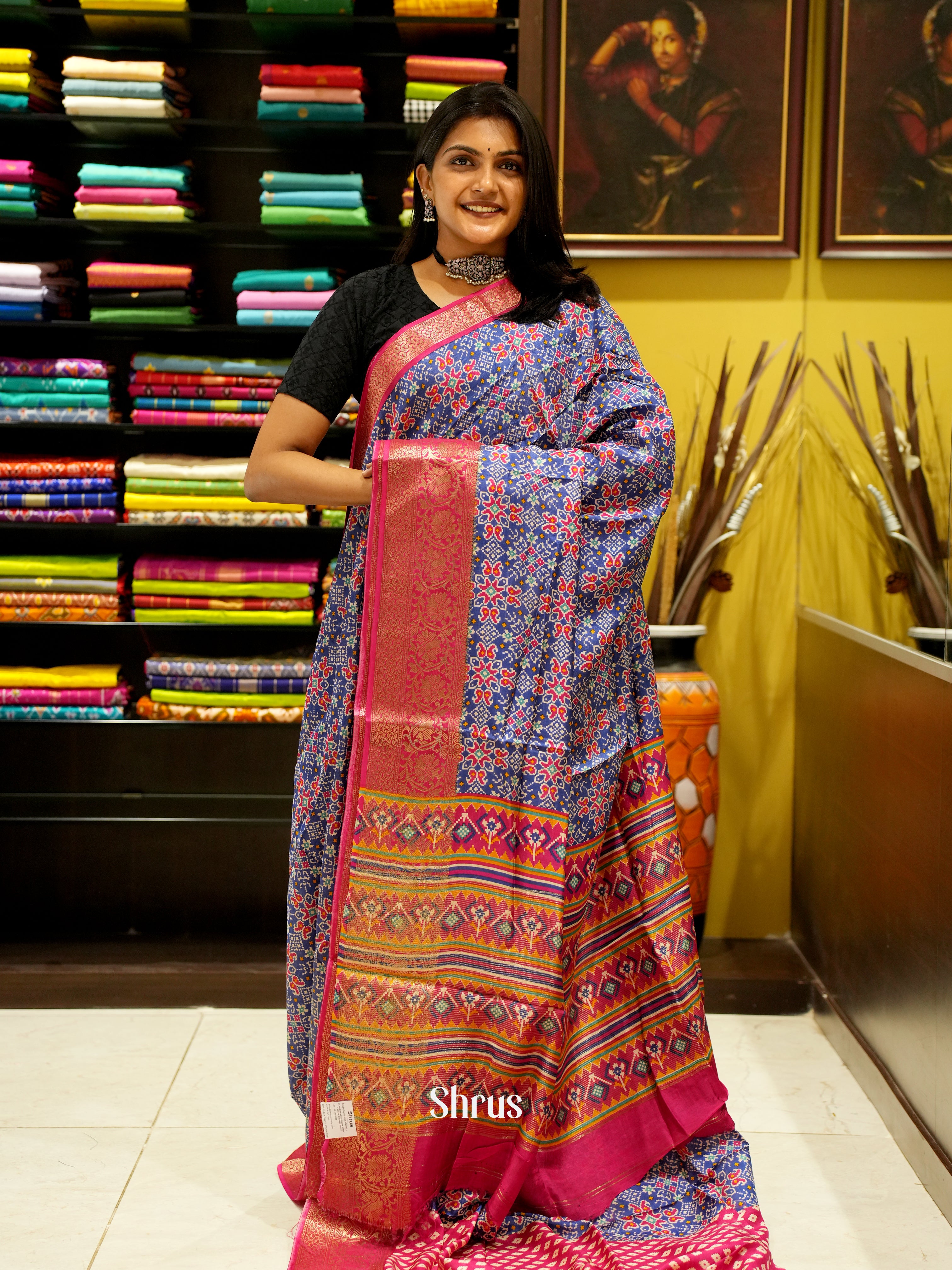 Blue & Pink - Semi Crepe Saree