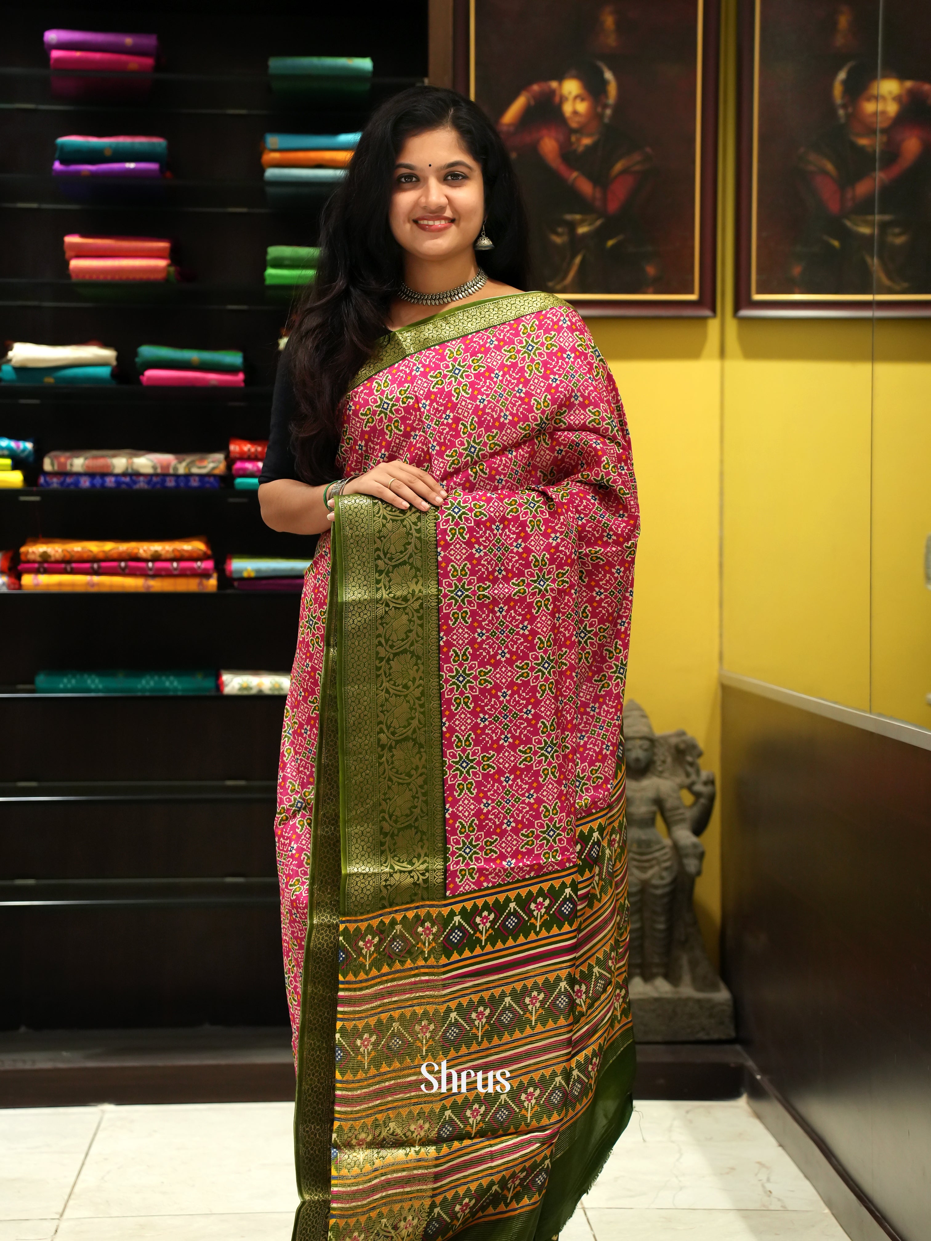 Pink & Green- Semi Crepe Saree