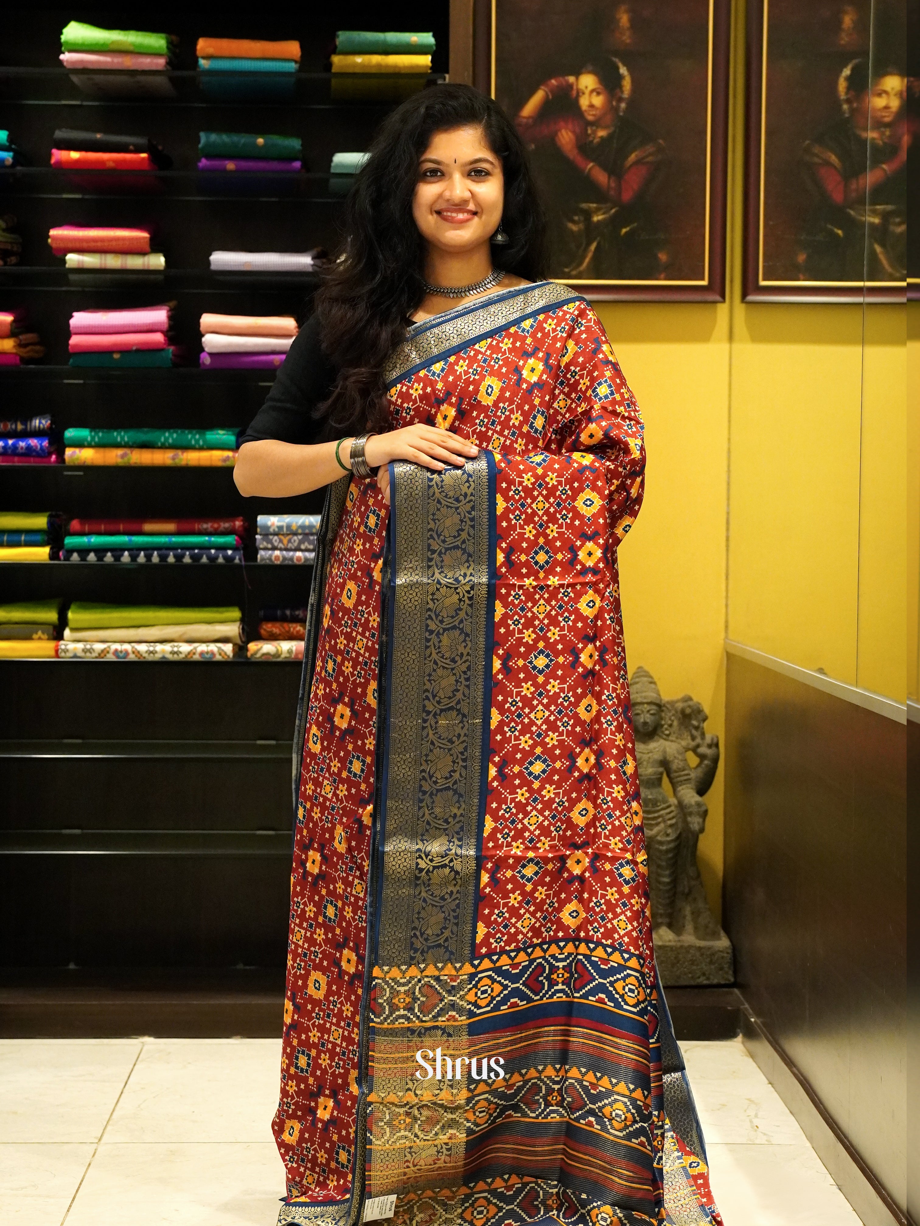 Maroon & Blue- Semi Crepe Saree