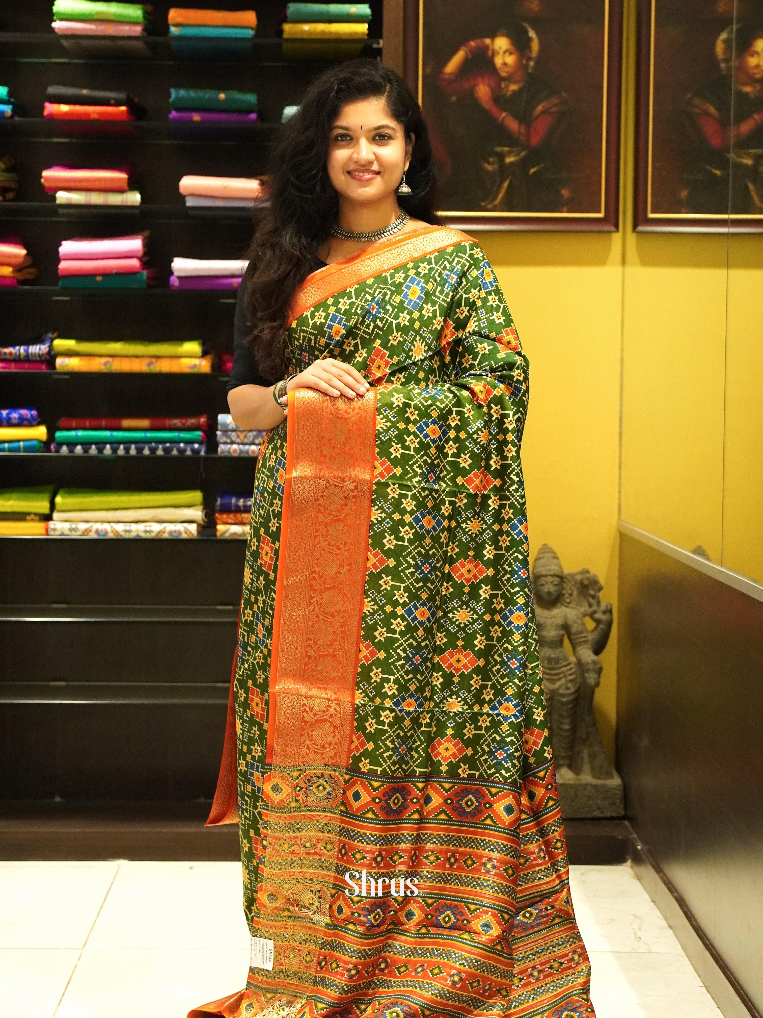 Green & Orange - Semi Crepe Saree