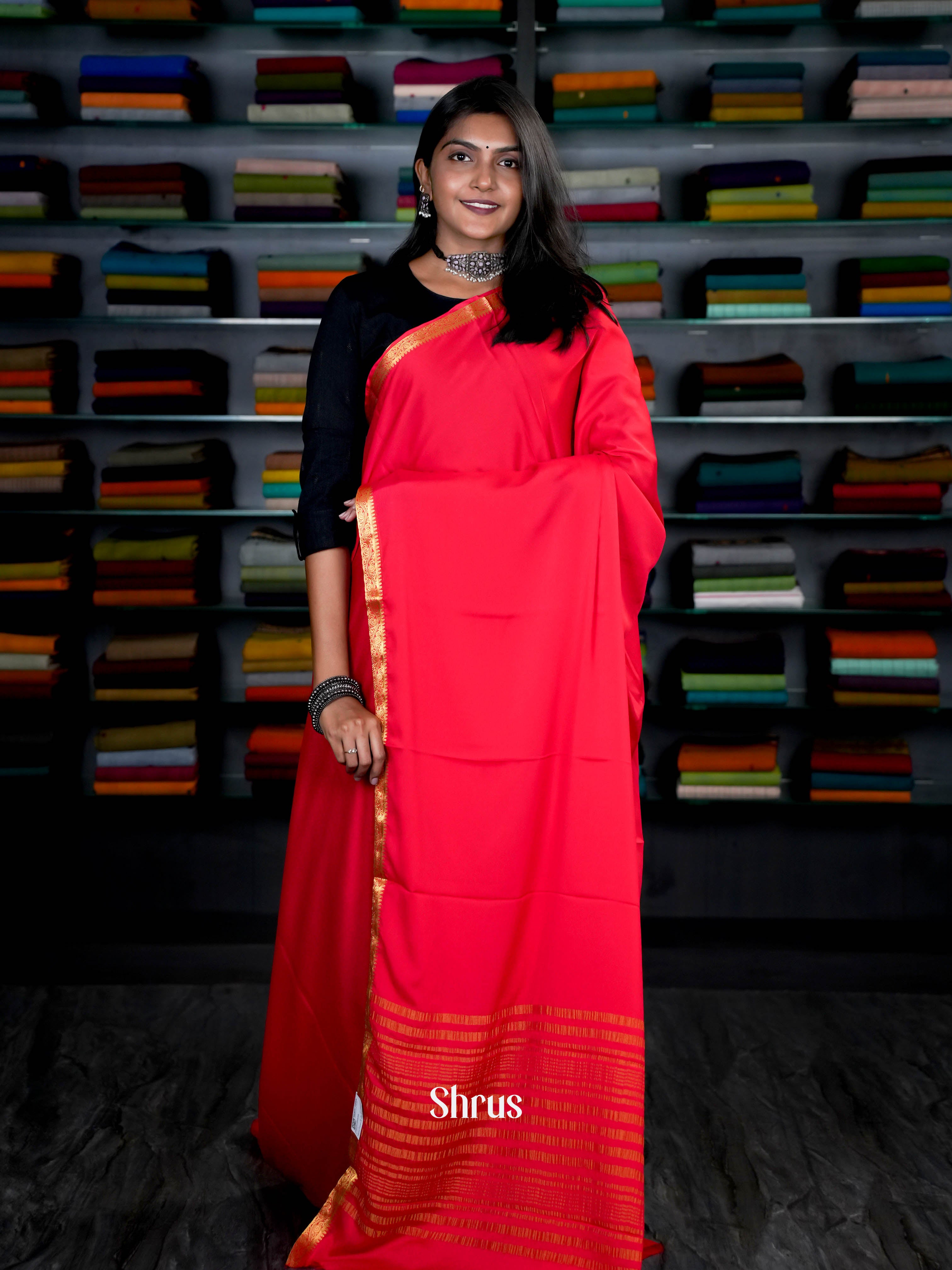 Red(Single Tone) - Semi Mysoresilk Saree