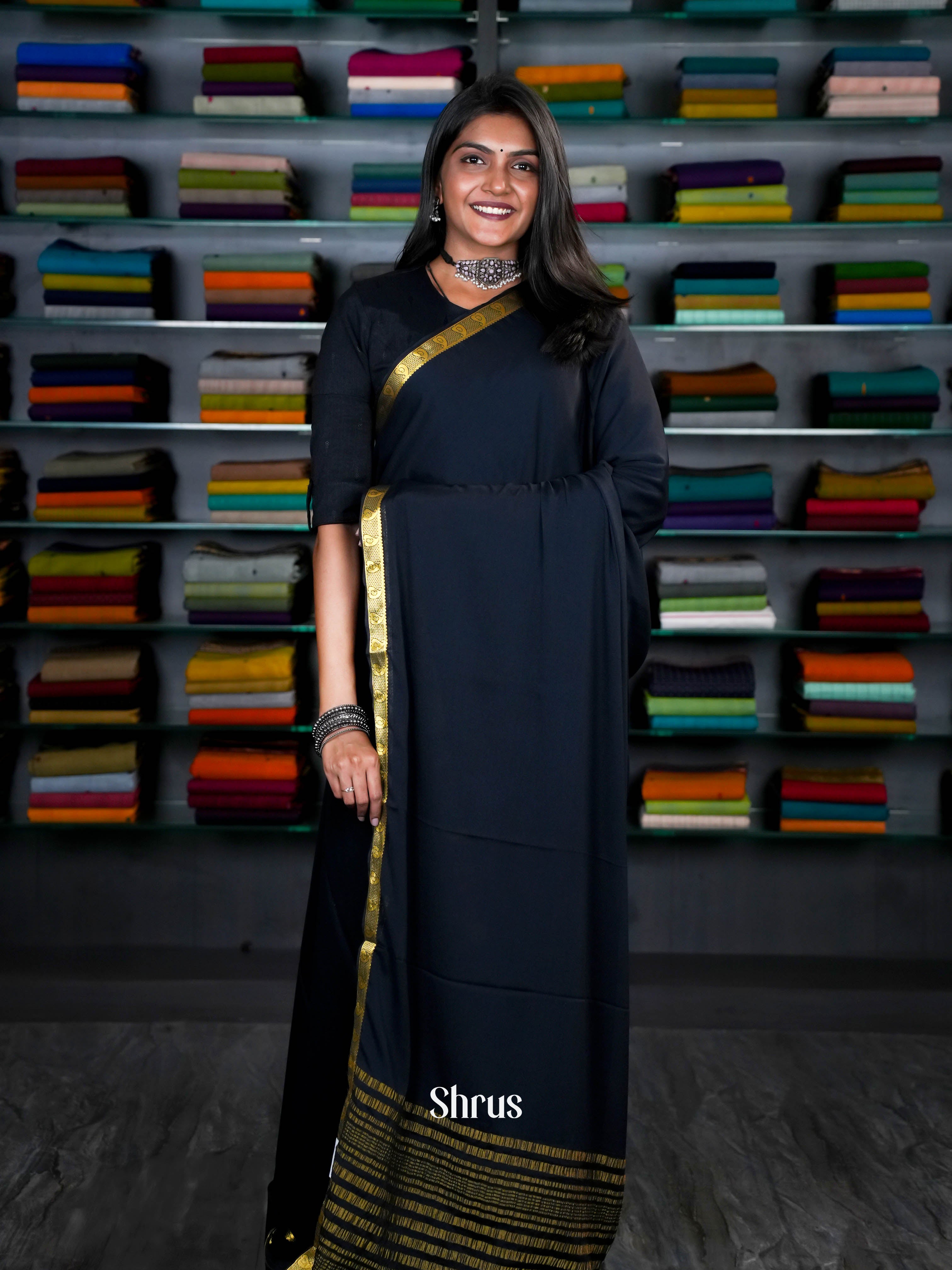 Black (Single Tone) - Semi Mysoresilk Saree