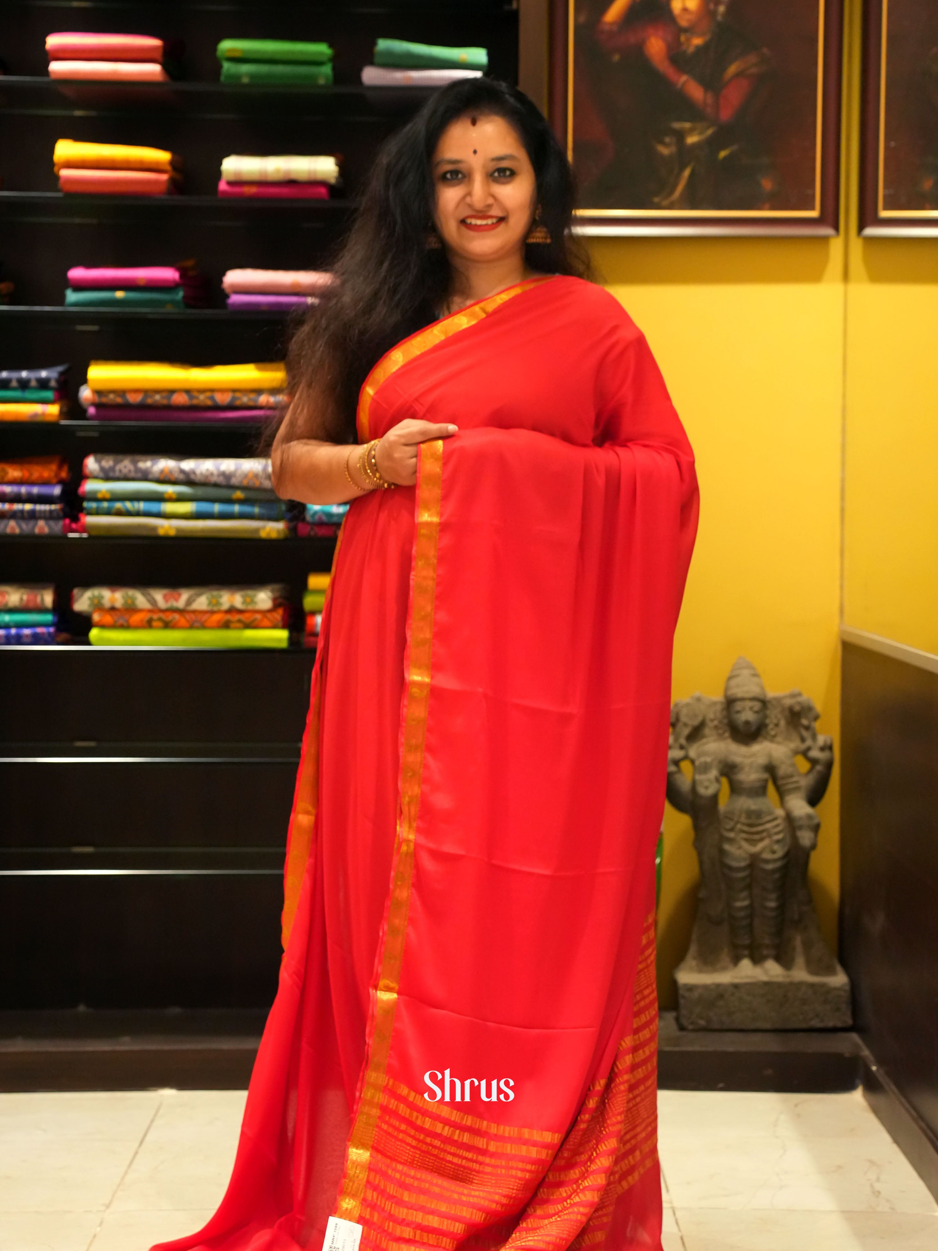 Red(Single Tone) - Semi Mysore Silk Saree