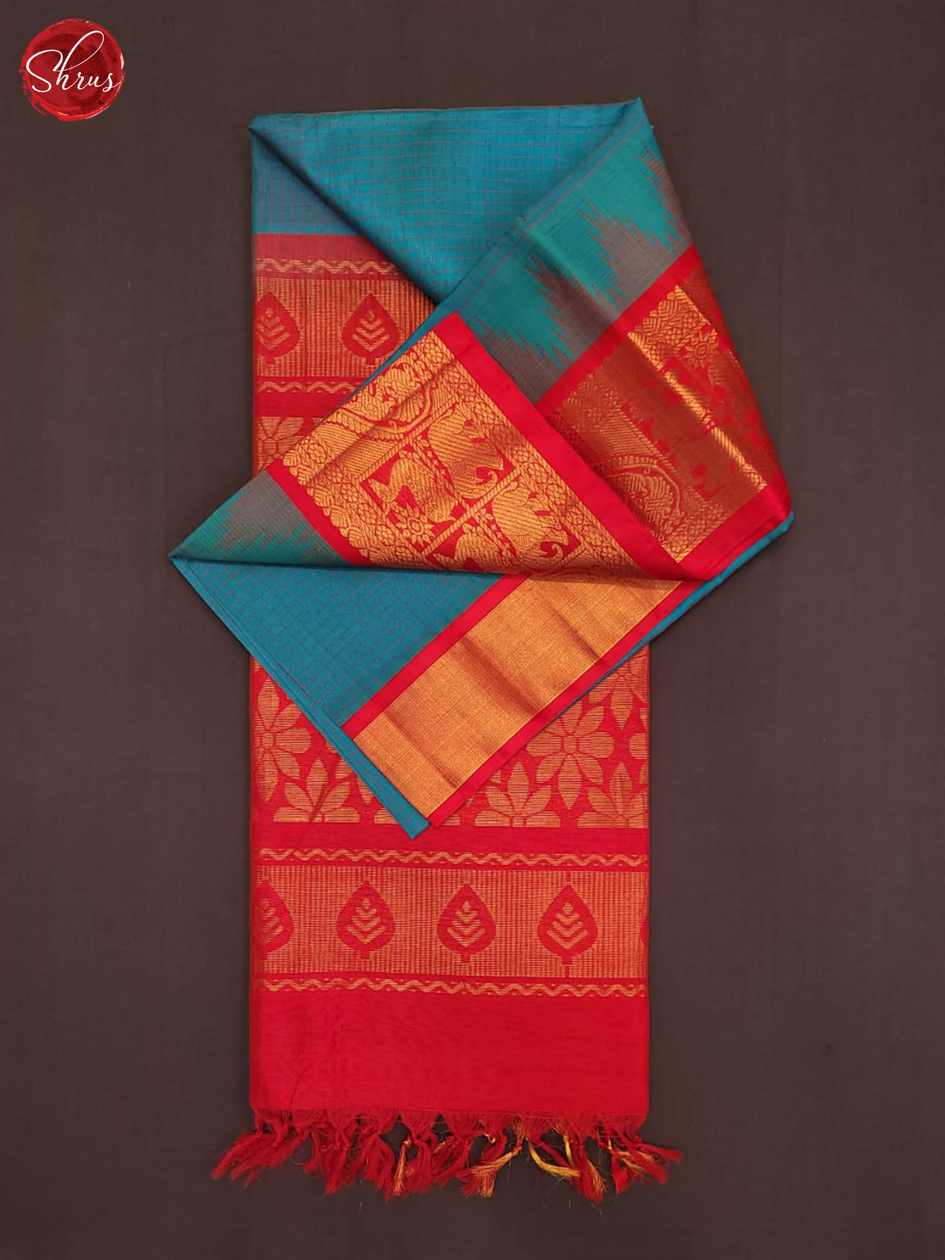 Blue and Red- Silk Cotton Saree - Shop on ShrusEternity.com