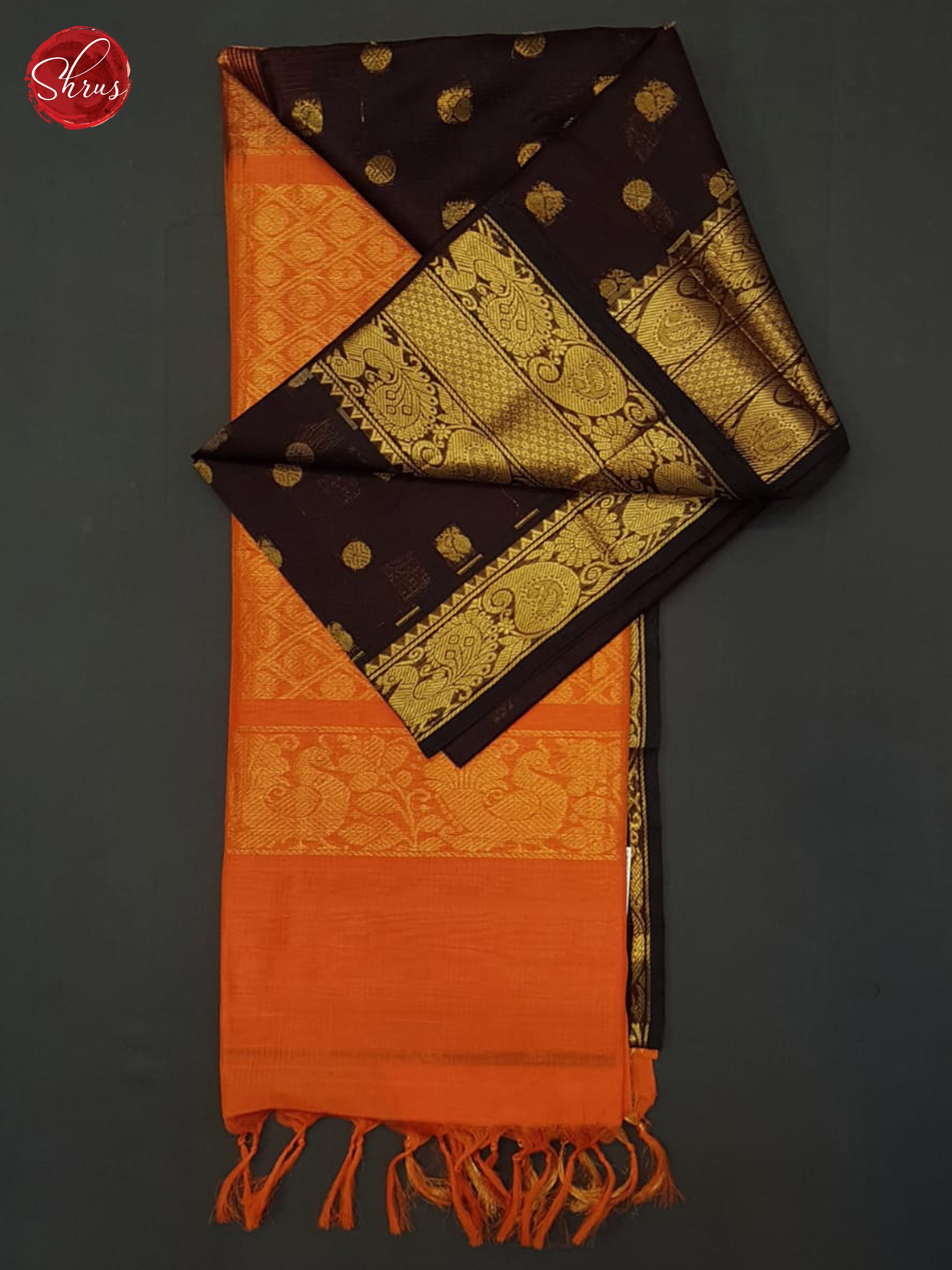 Brown And Orange- Silk Cotton Saree - Shop on ShrusEternity.com