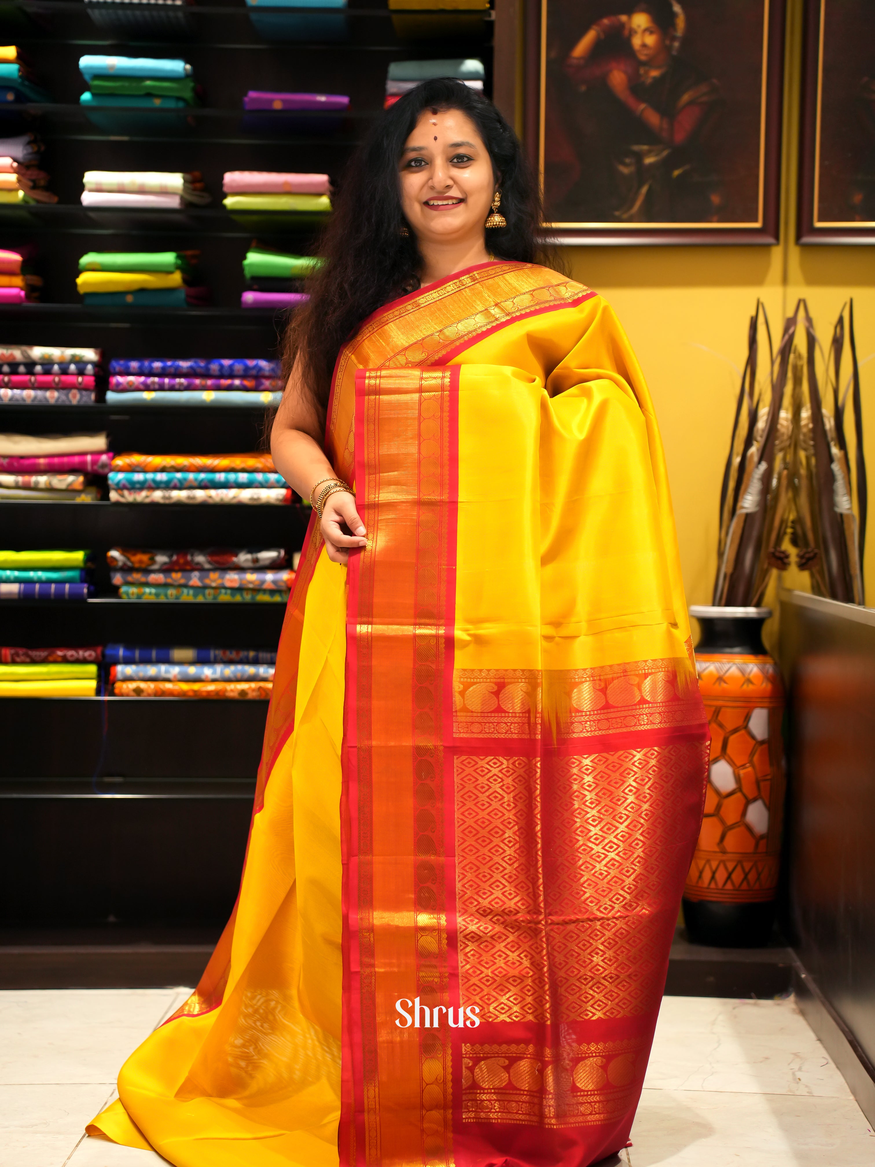 Lime Yellow And Red-Silk Cotton Saree