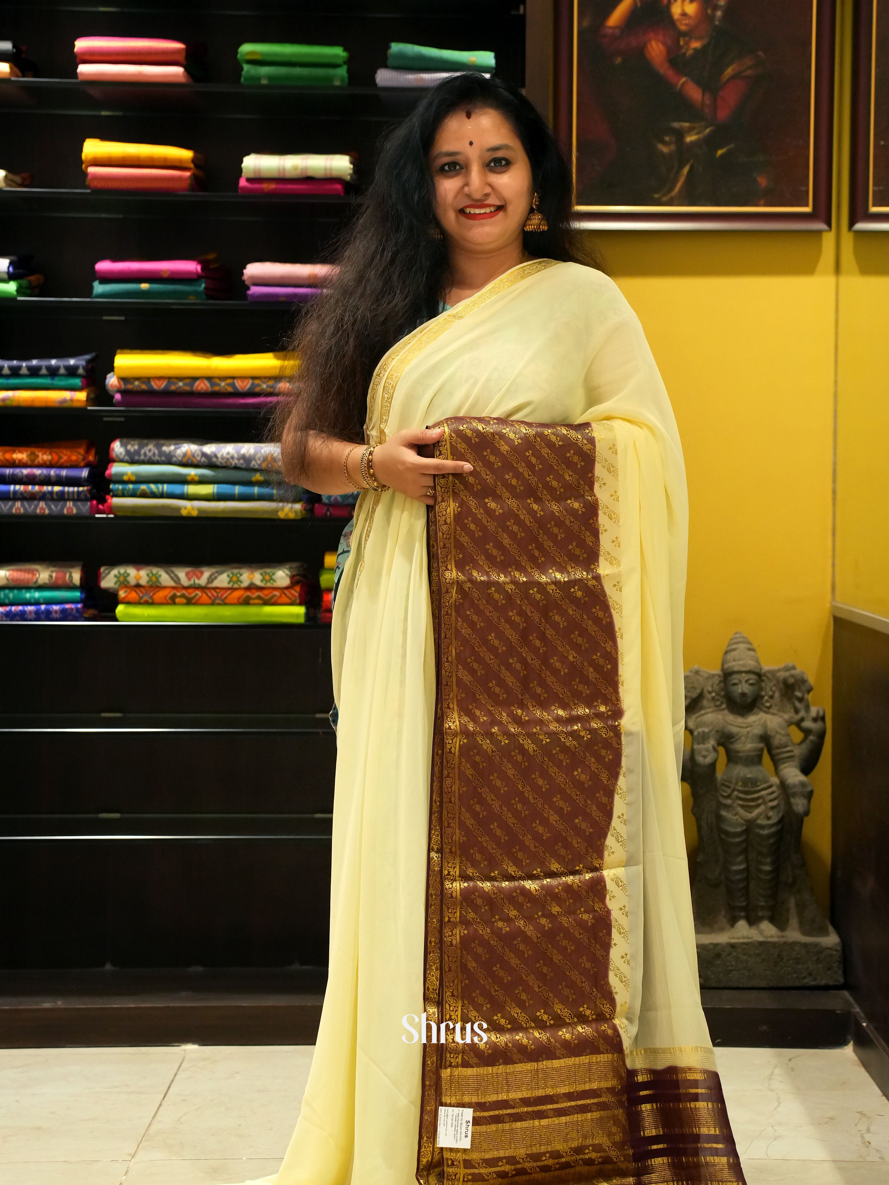 Cream & Brown - Semi Mysore Silk Saree