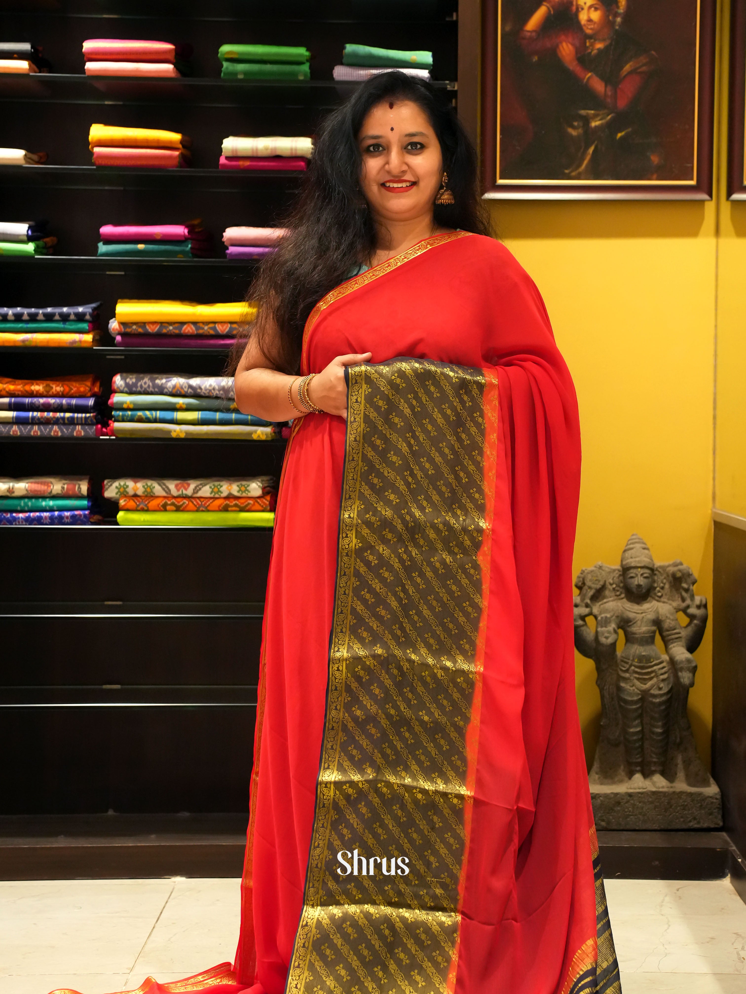 Red & blue  - Semi Mysore Silk Saree