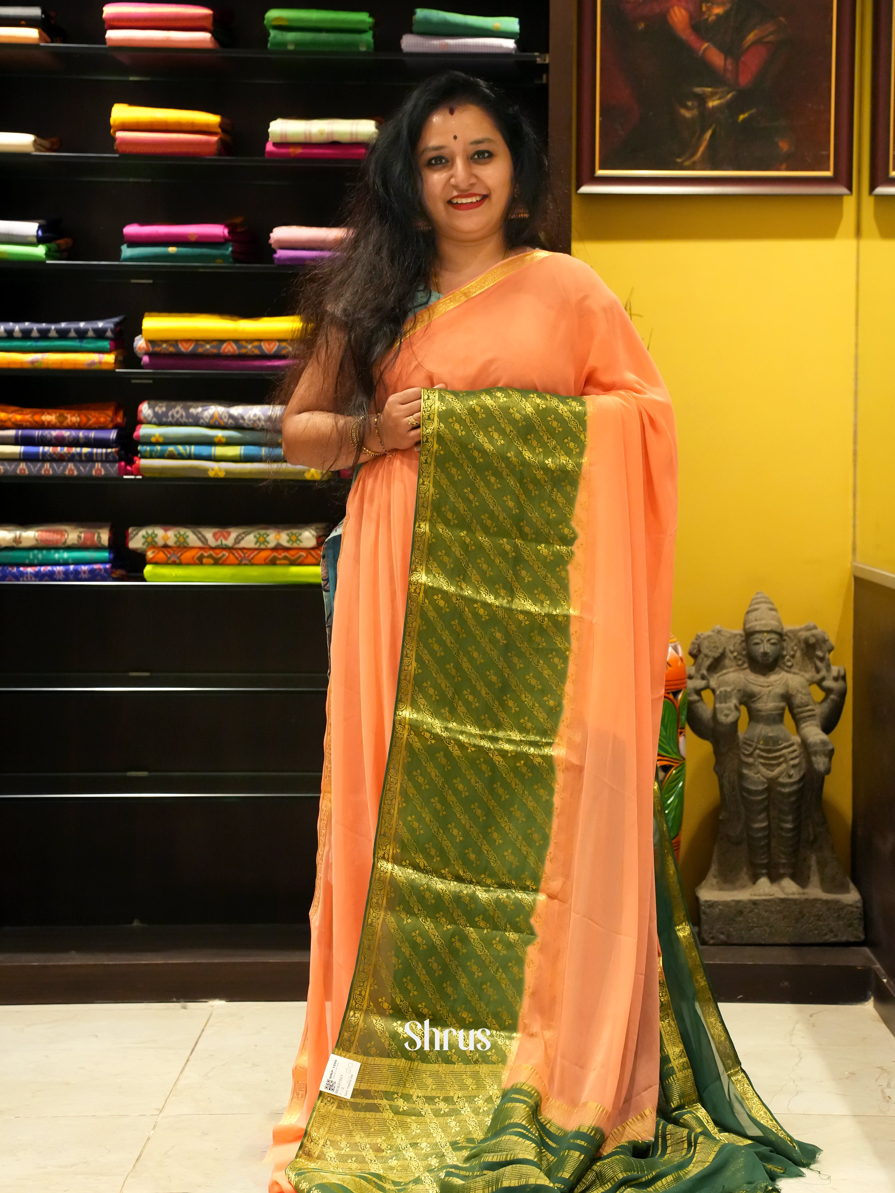 Peach & Green  - Semi Mysore Silk Saree