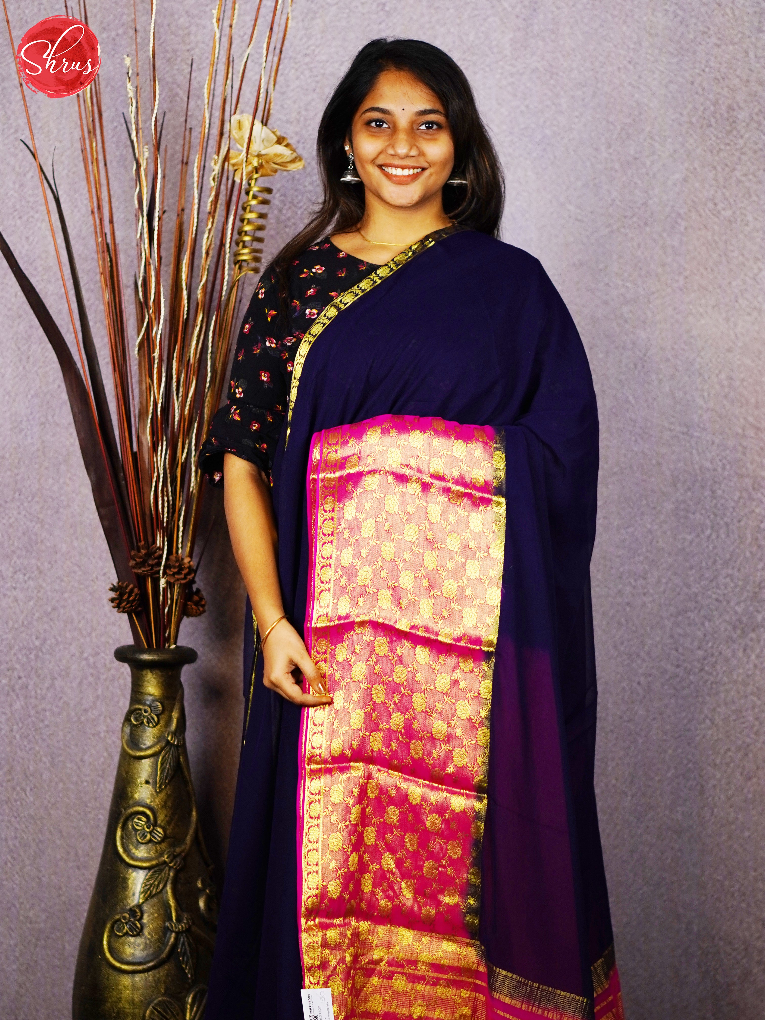 Blue & Pink - Semi Mysore silk - Shop on ShrusEternity.com