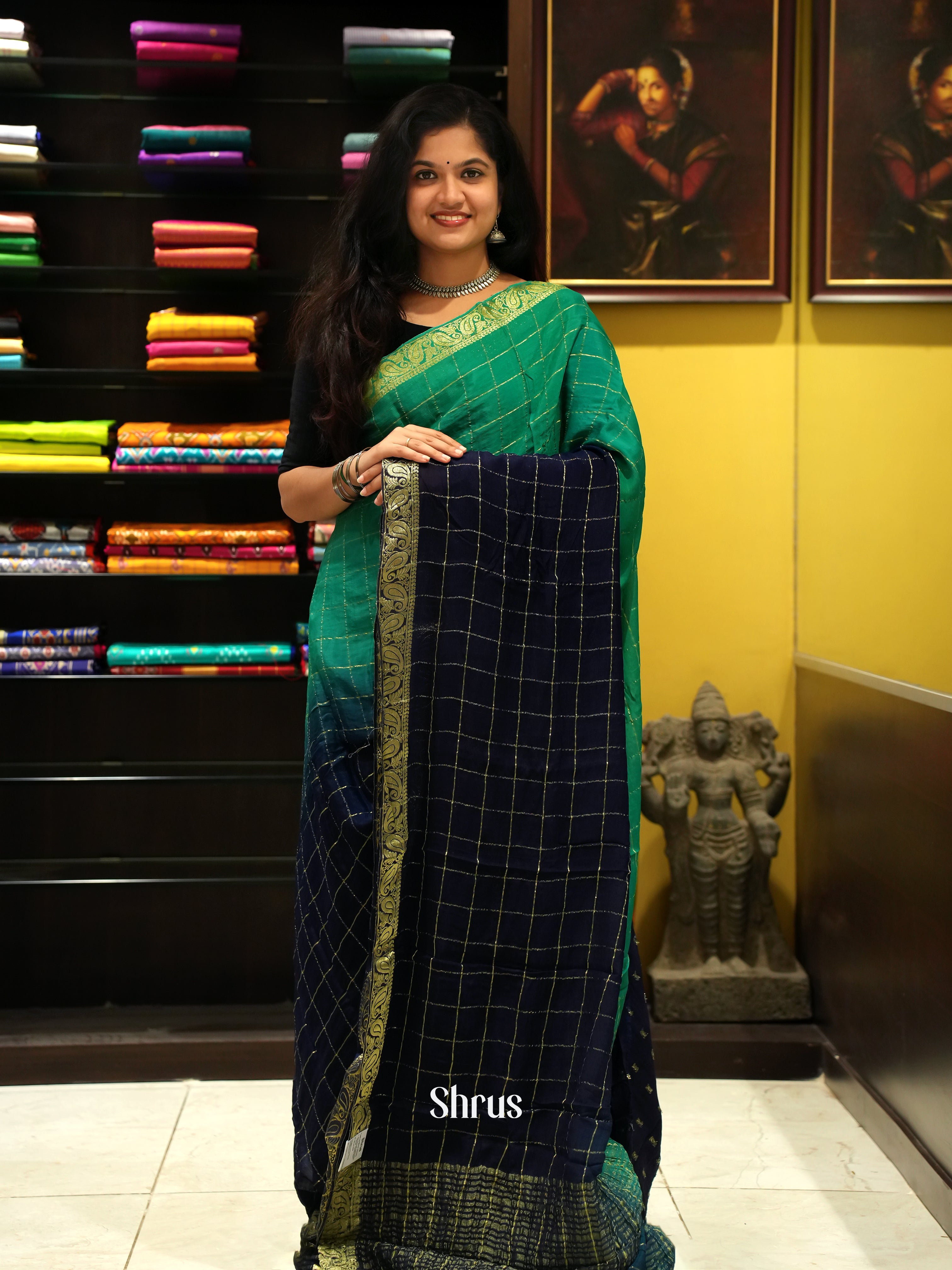 Green And Blue-Semi crepe saree