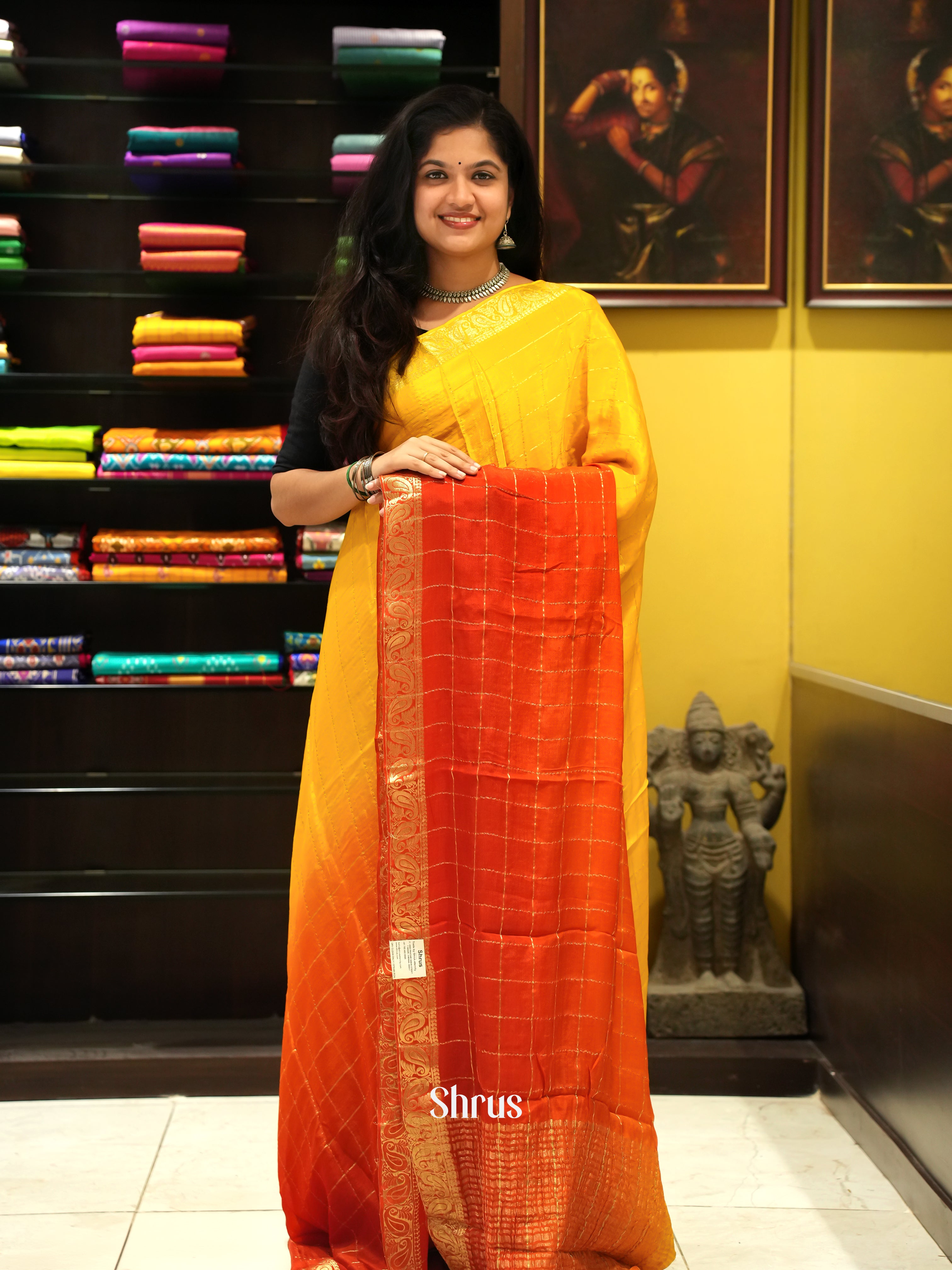 Yellow And Orange-semi crepe saree