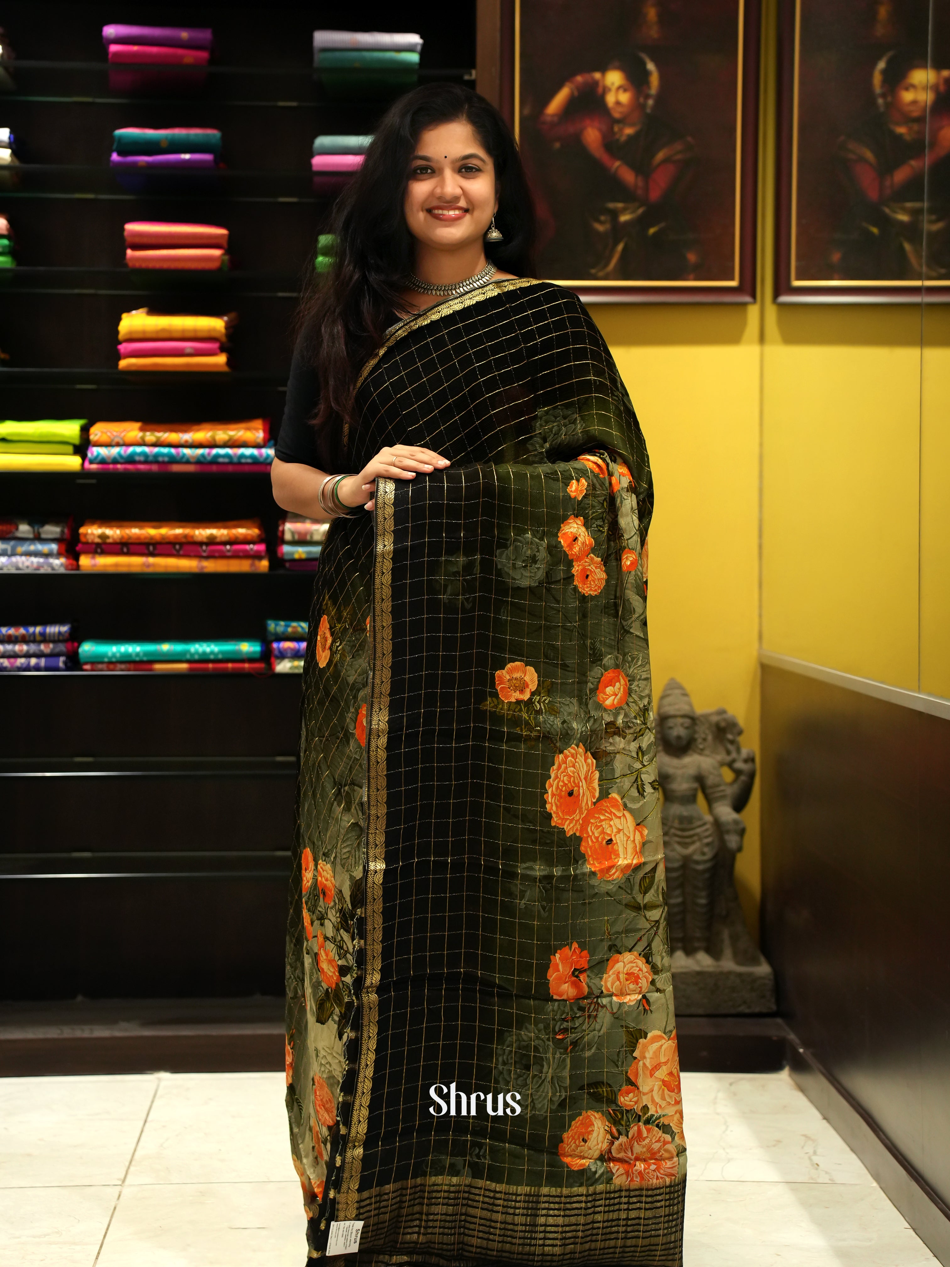 Green And Black-semi crepe saree