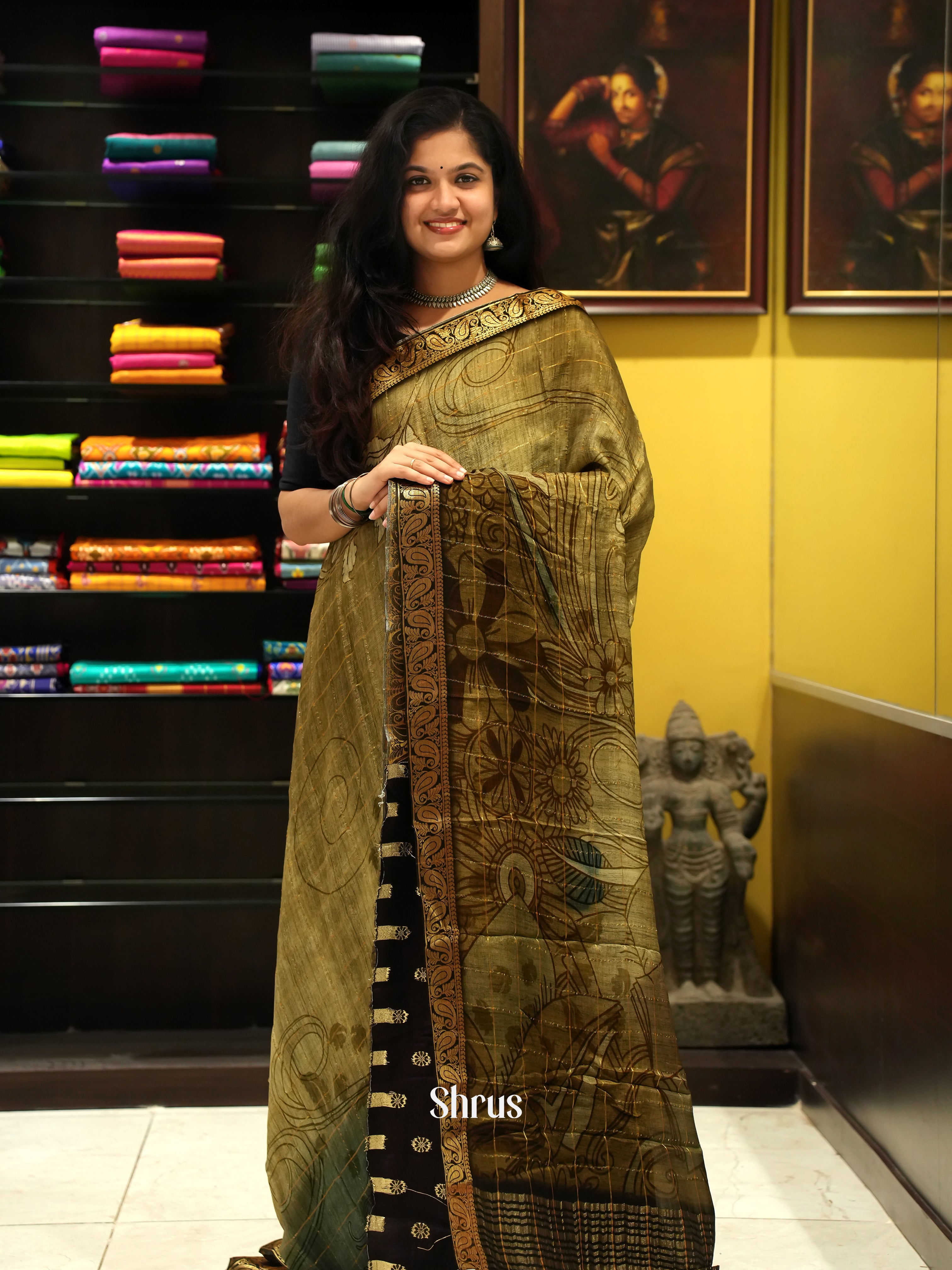 Elachi Green and Brown-semi crepe saree