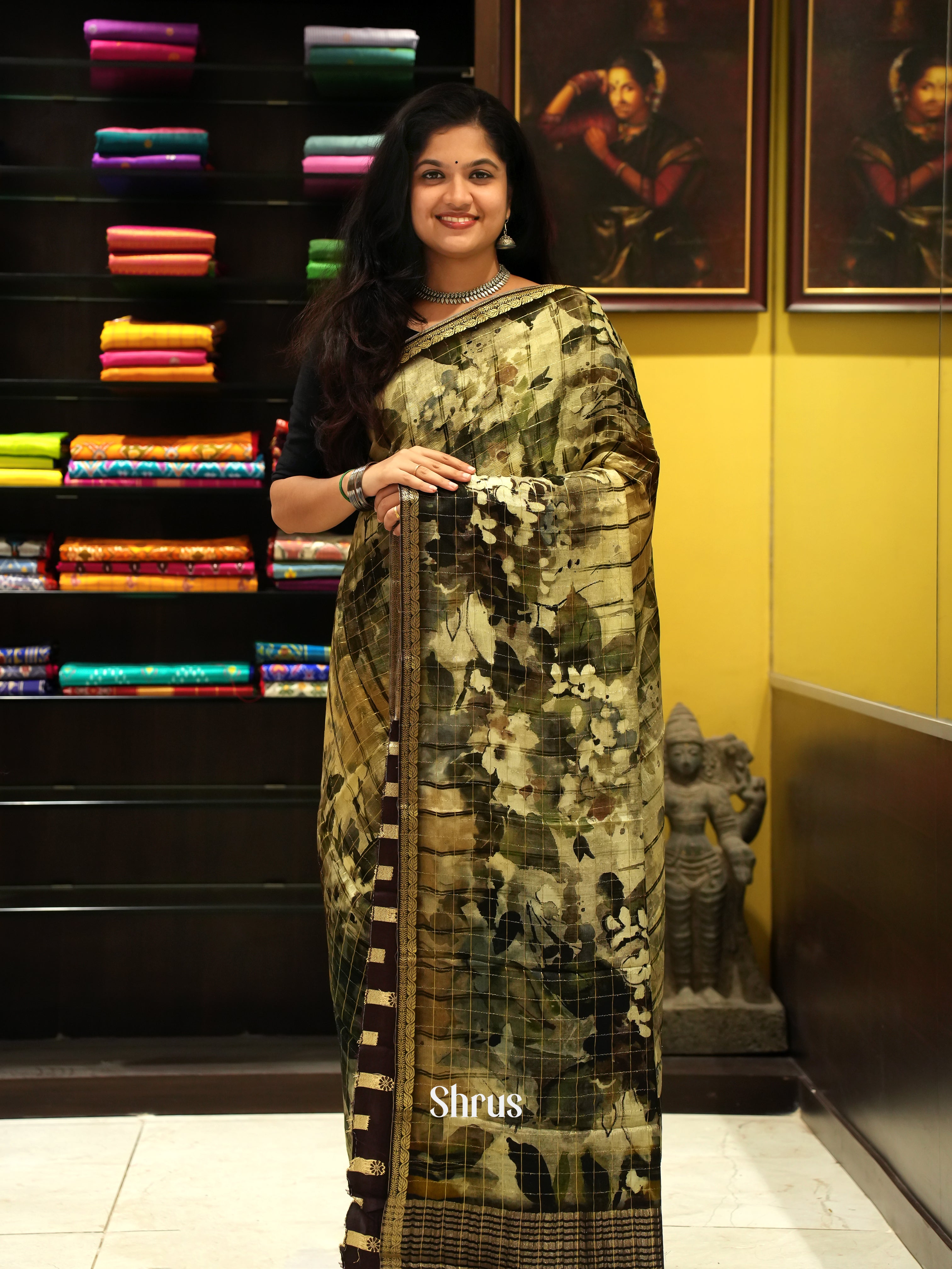 Light Green & Brown- Semi Crepe Saree