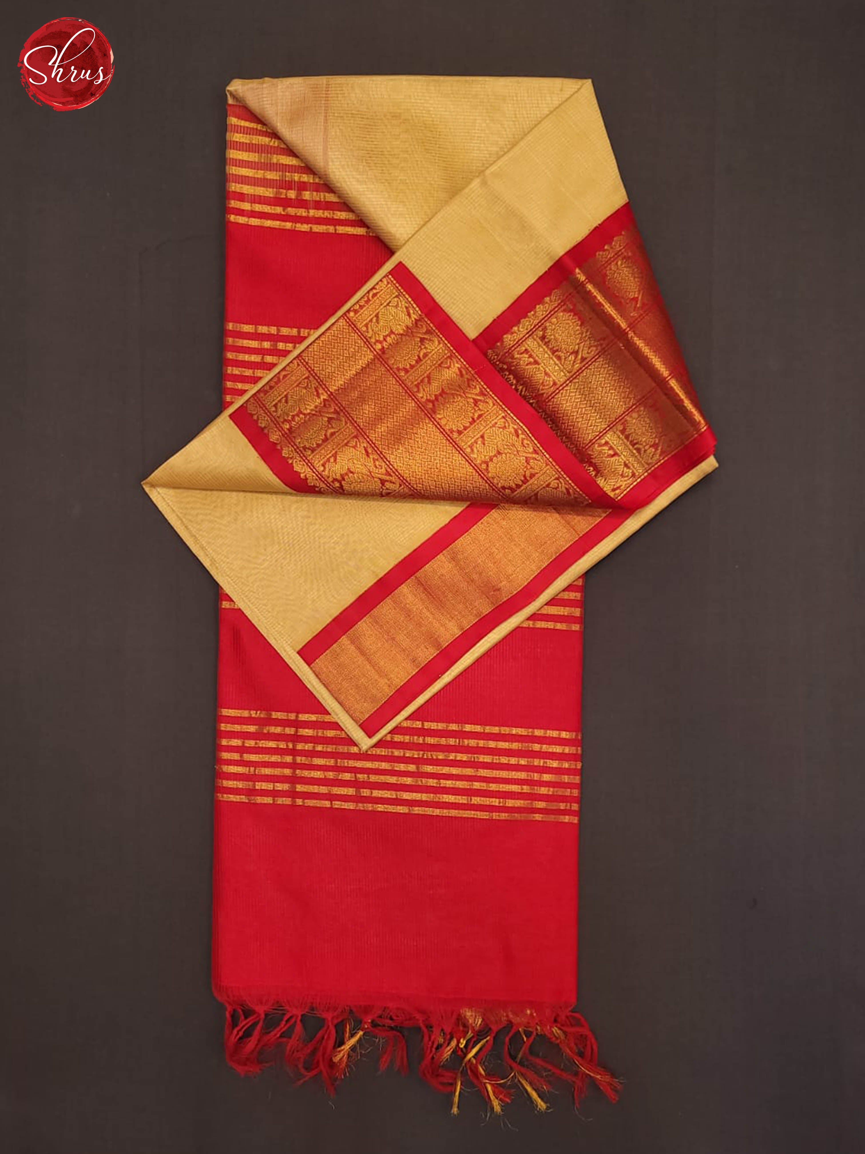 Beige & Red -Silk Cotton Saree - Shop on ShrusEternity.com