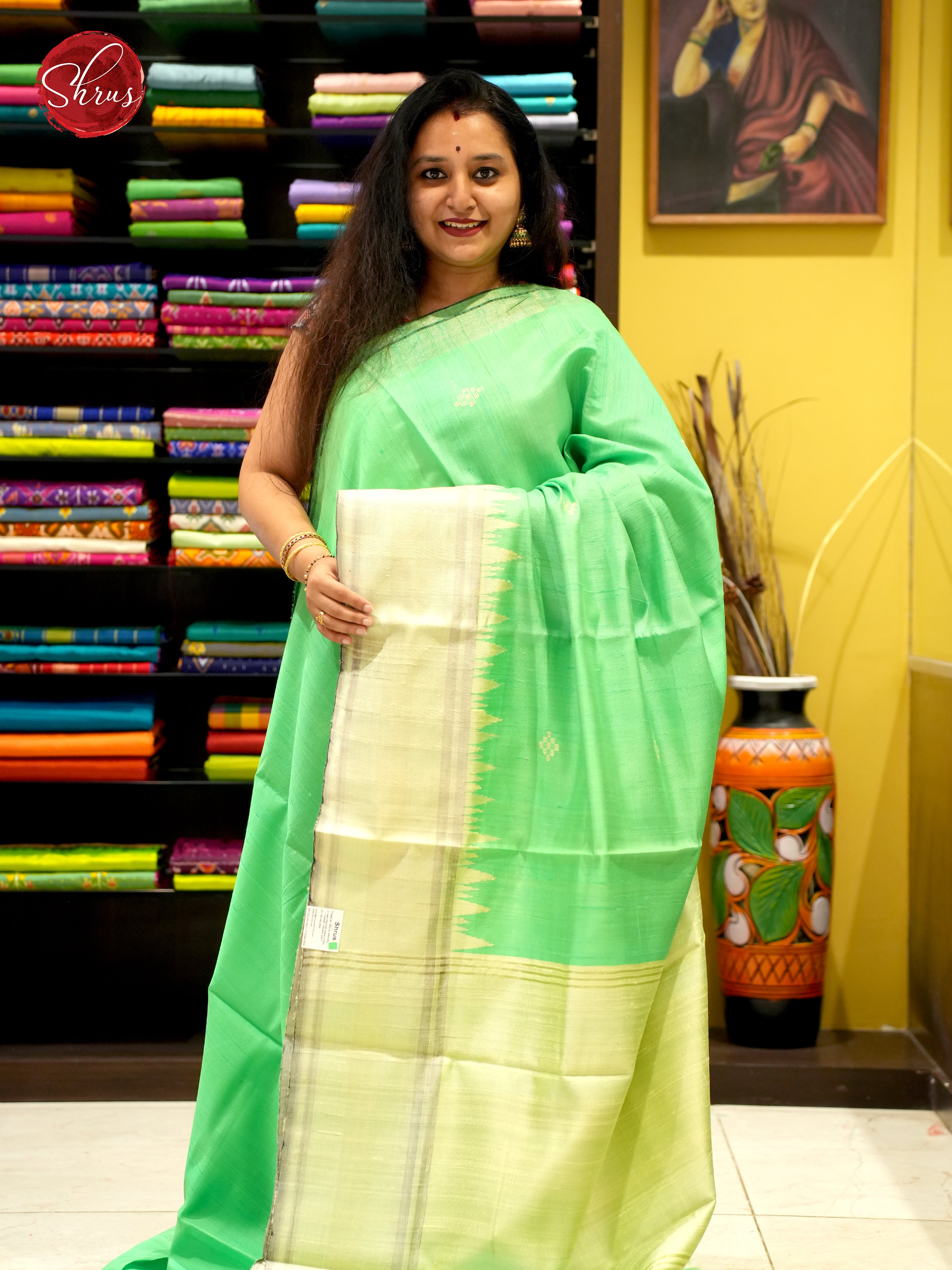 Green And Cream-Raw silk saree - Shop on ShrusEternity.com