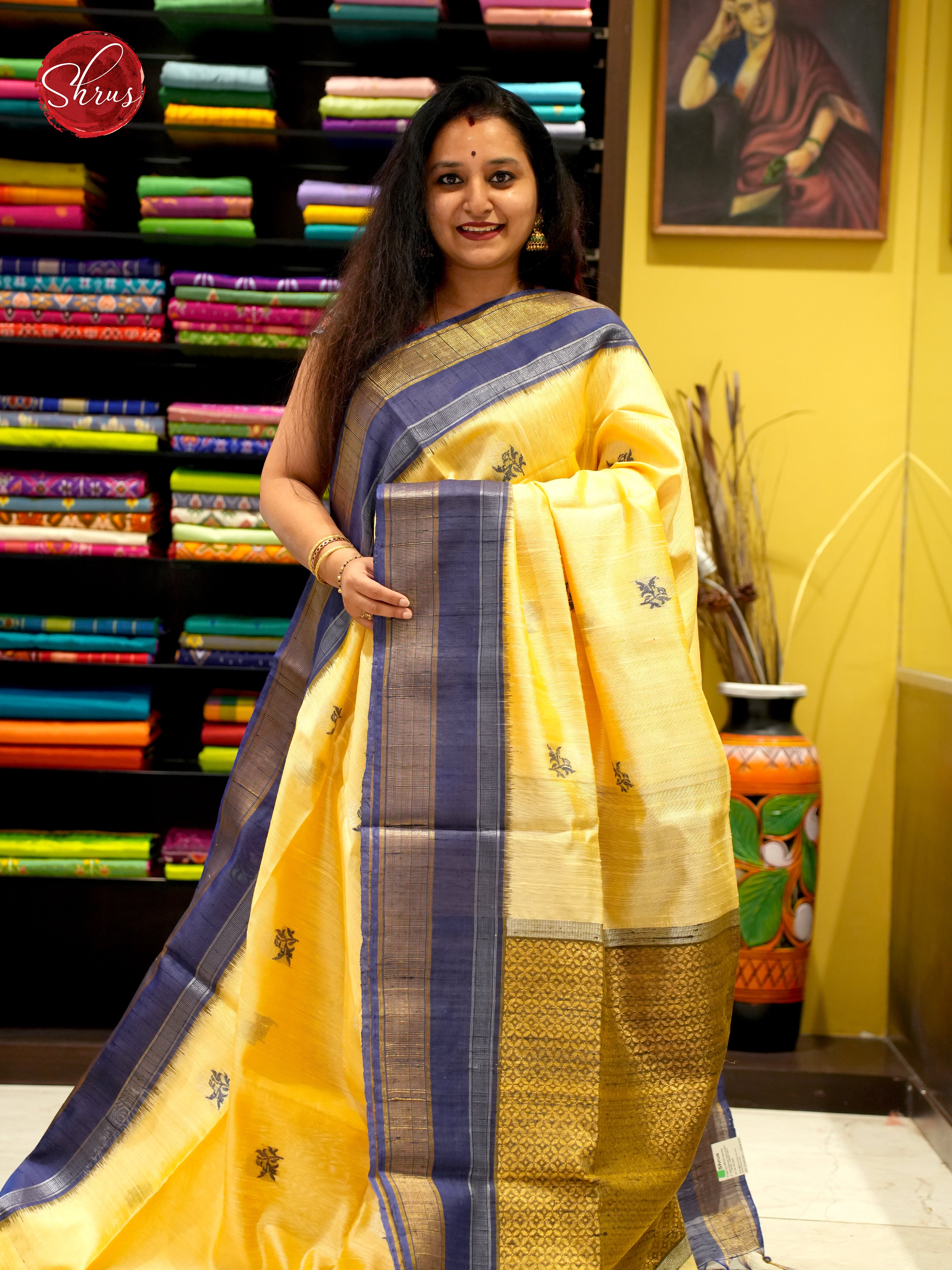 Beige Mustard & Blue - Raw Silk Saree - Shop on ShrusEternity.com
