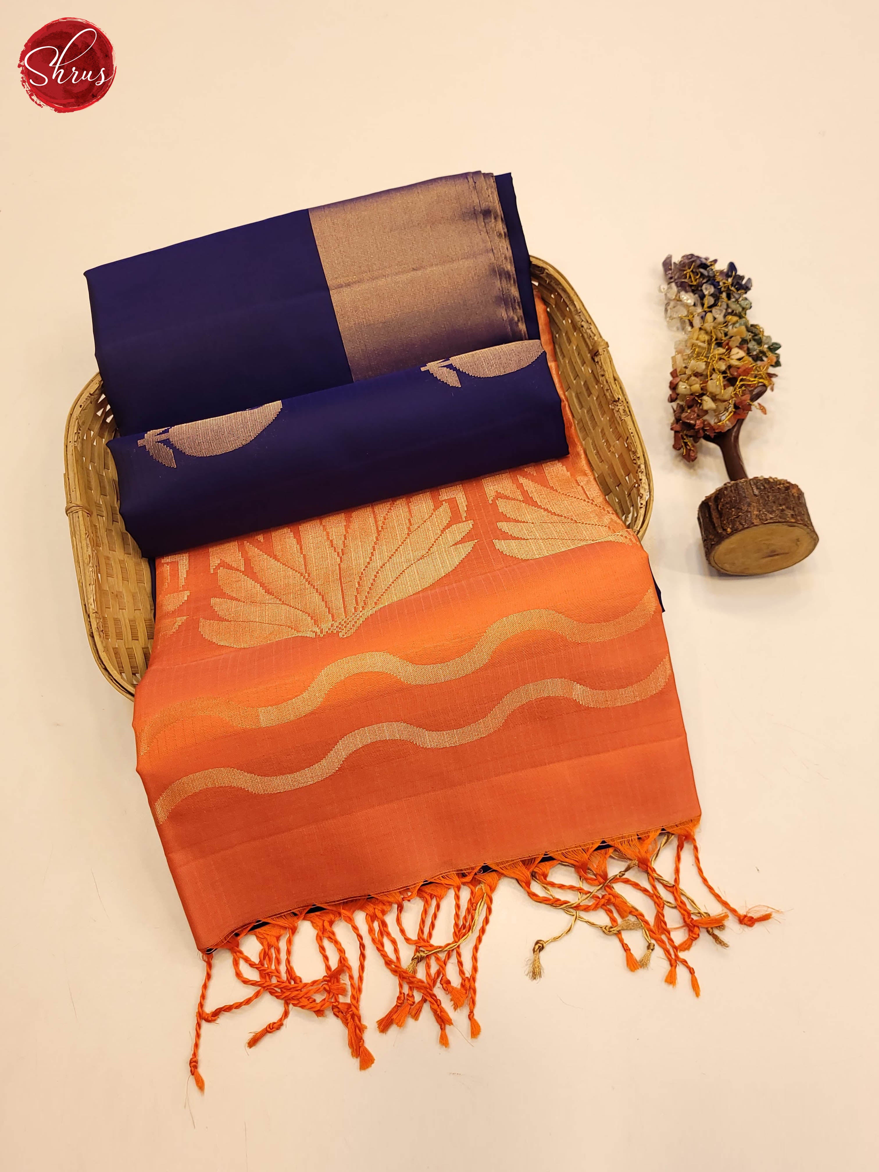 Navy Blue and Orange- Soft Silk Saree - Shop on ShrusEternity.com