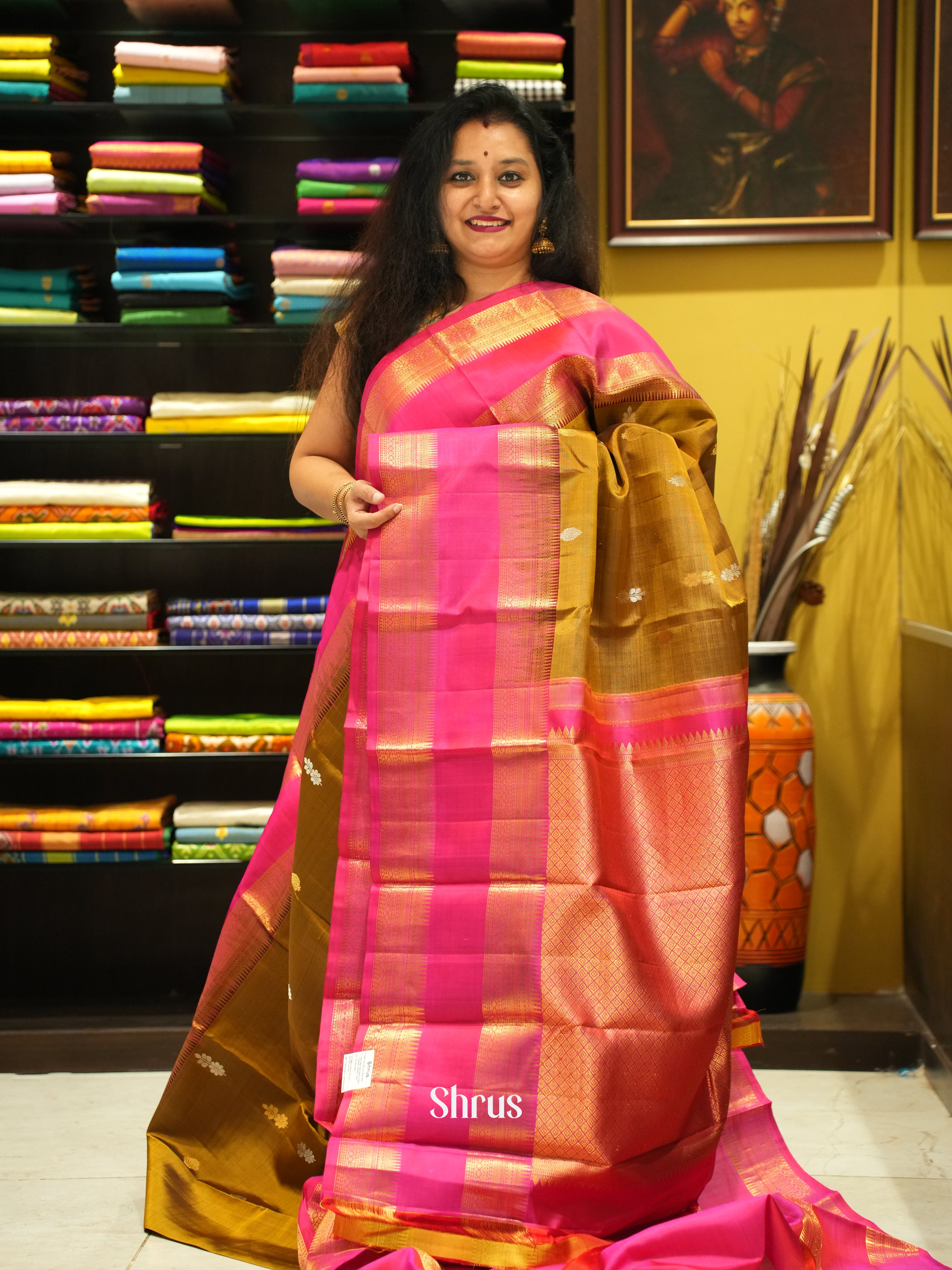 Mehandi Green & Pink  - Korvai Kanchipuram Silk Saree