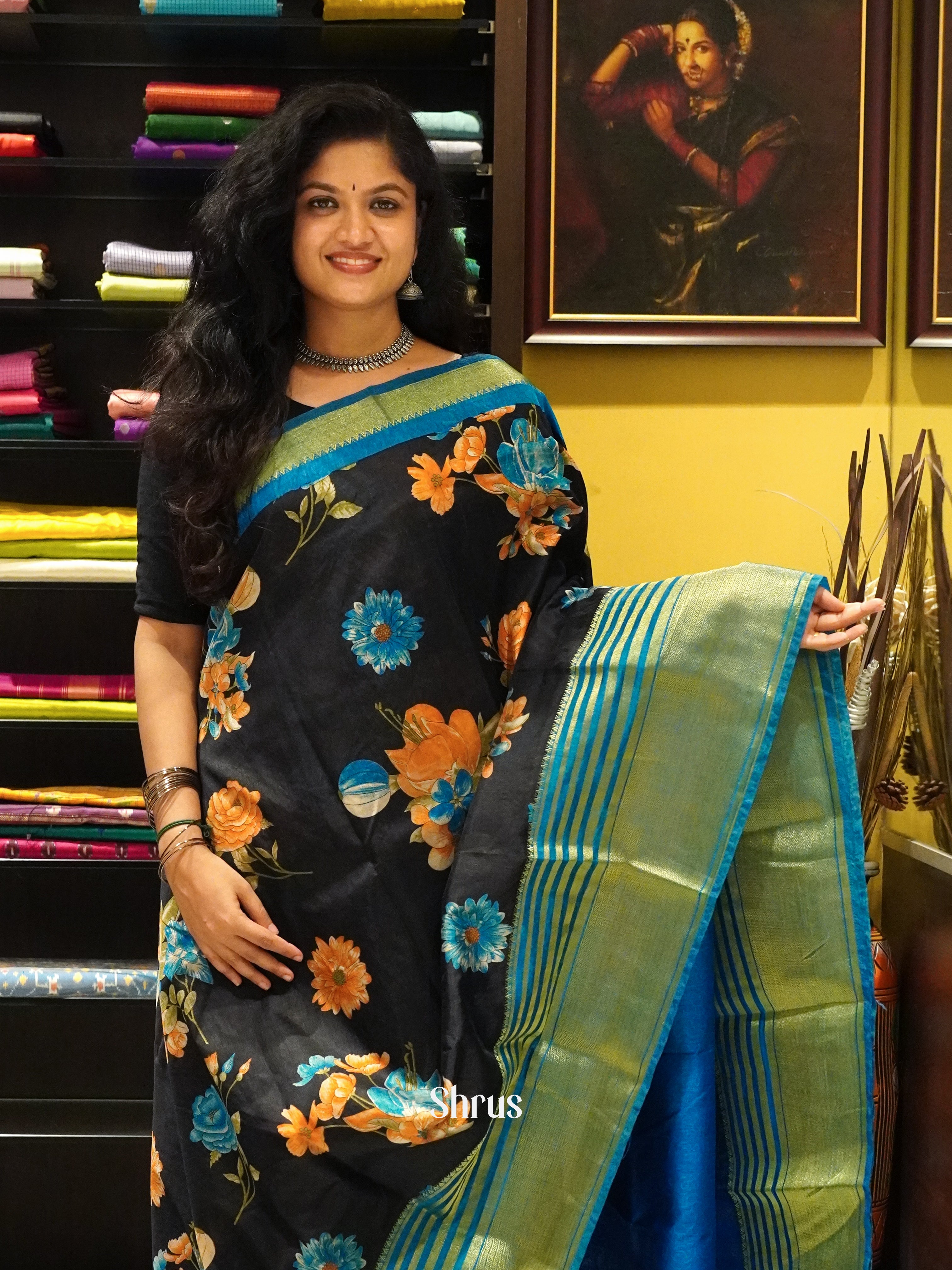 Black and blue - Semi dupion Saree