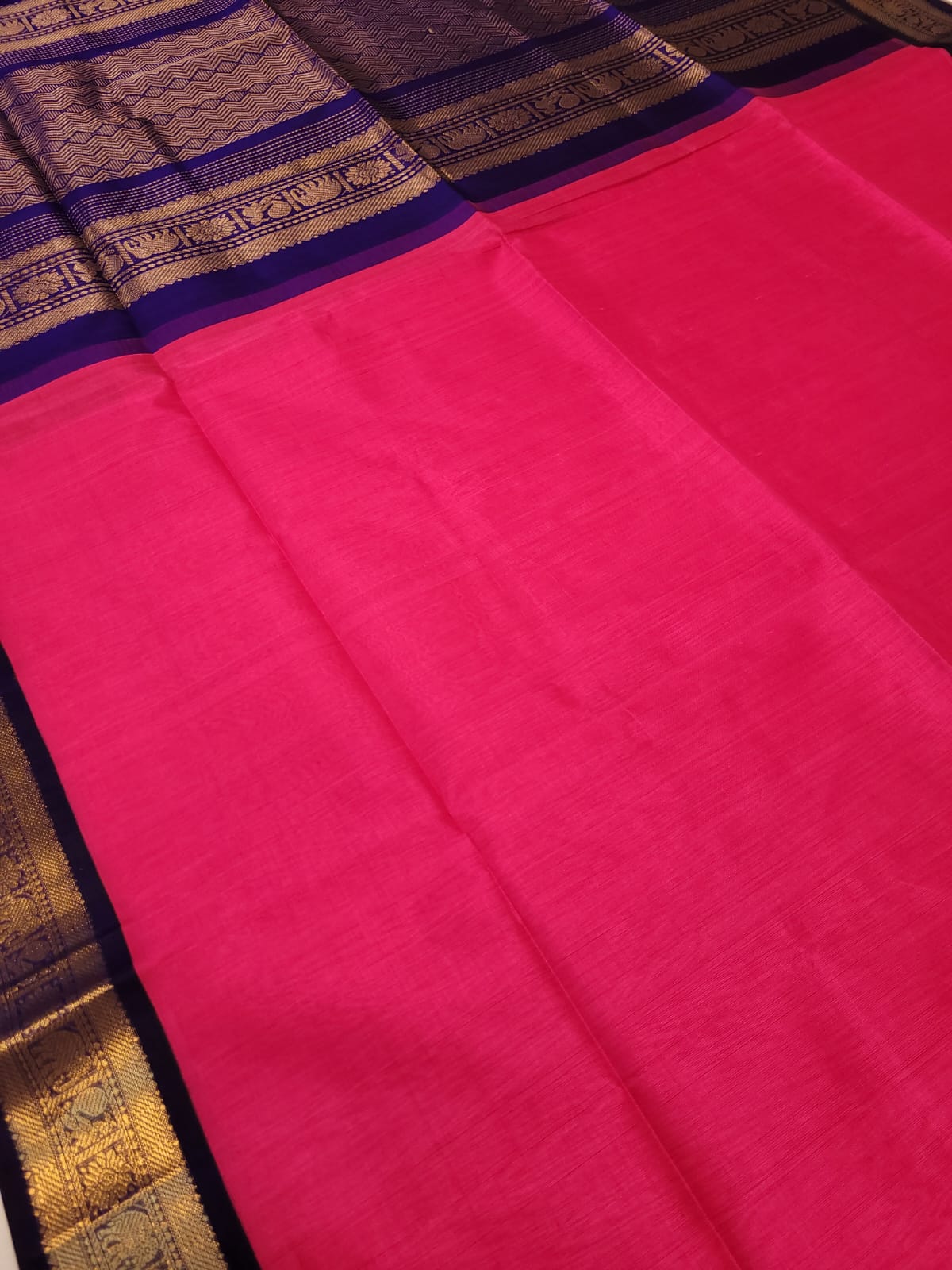 Pink & Blue  - Silk Cotton Saree - Shop on ShrusEternity.com