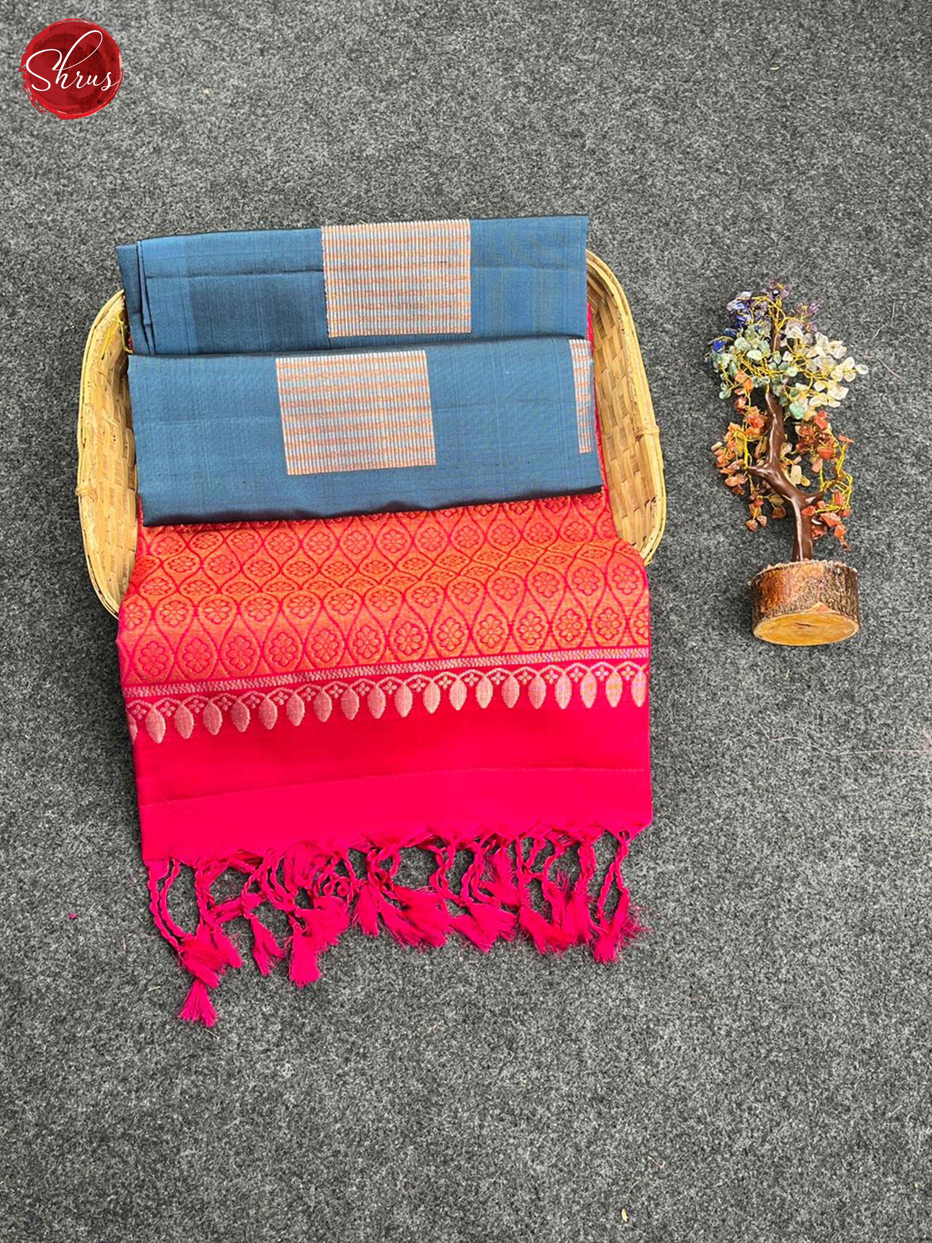 Bluish Grey & Pink - Soft Silk Halfpure Saree - Shop on ShrusEternity.com
