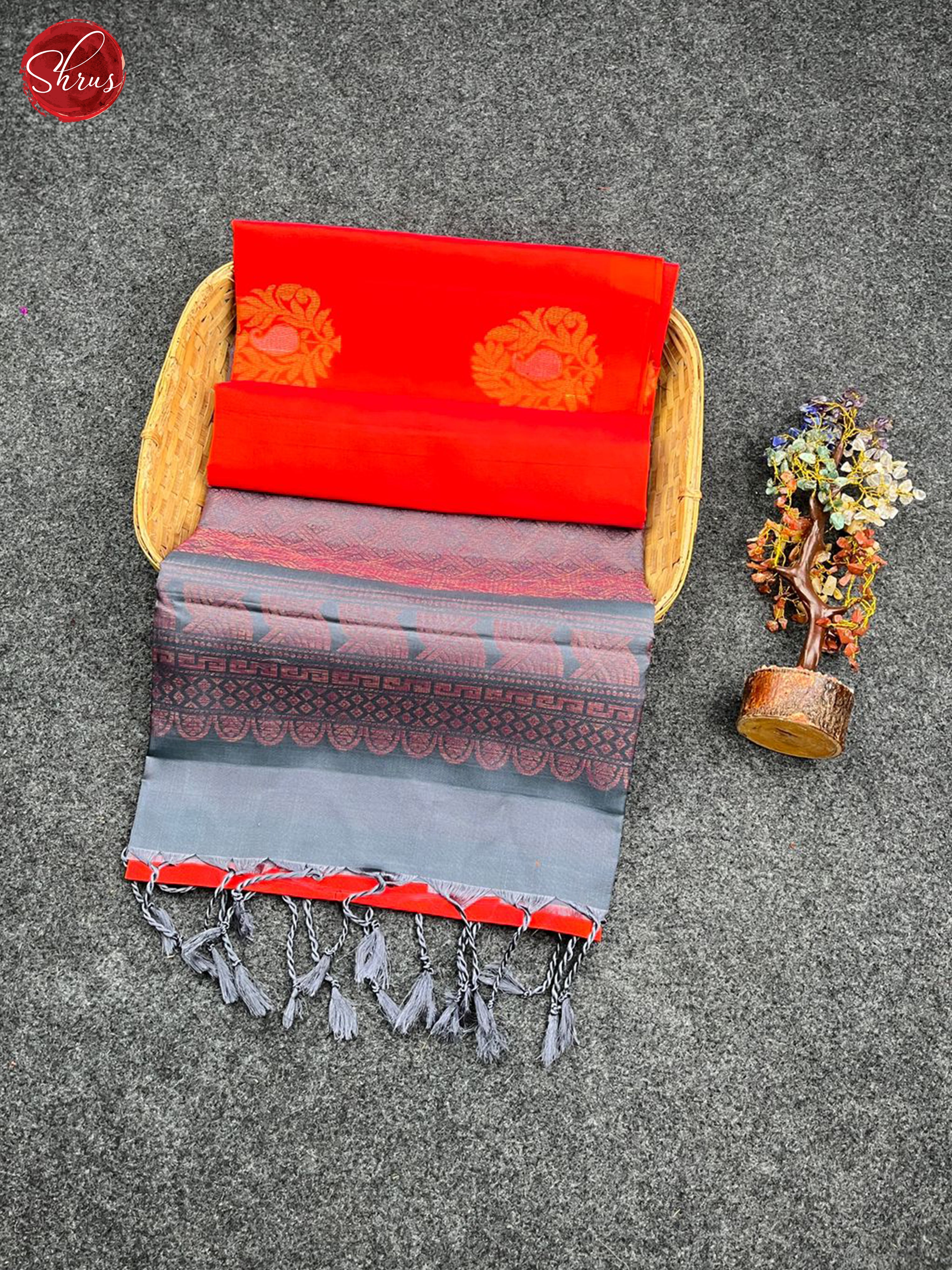 Orange & Grey - Soft Silk Halfpure Saree - Shop on ShrusEternity.com