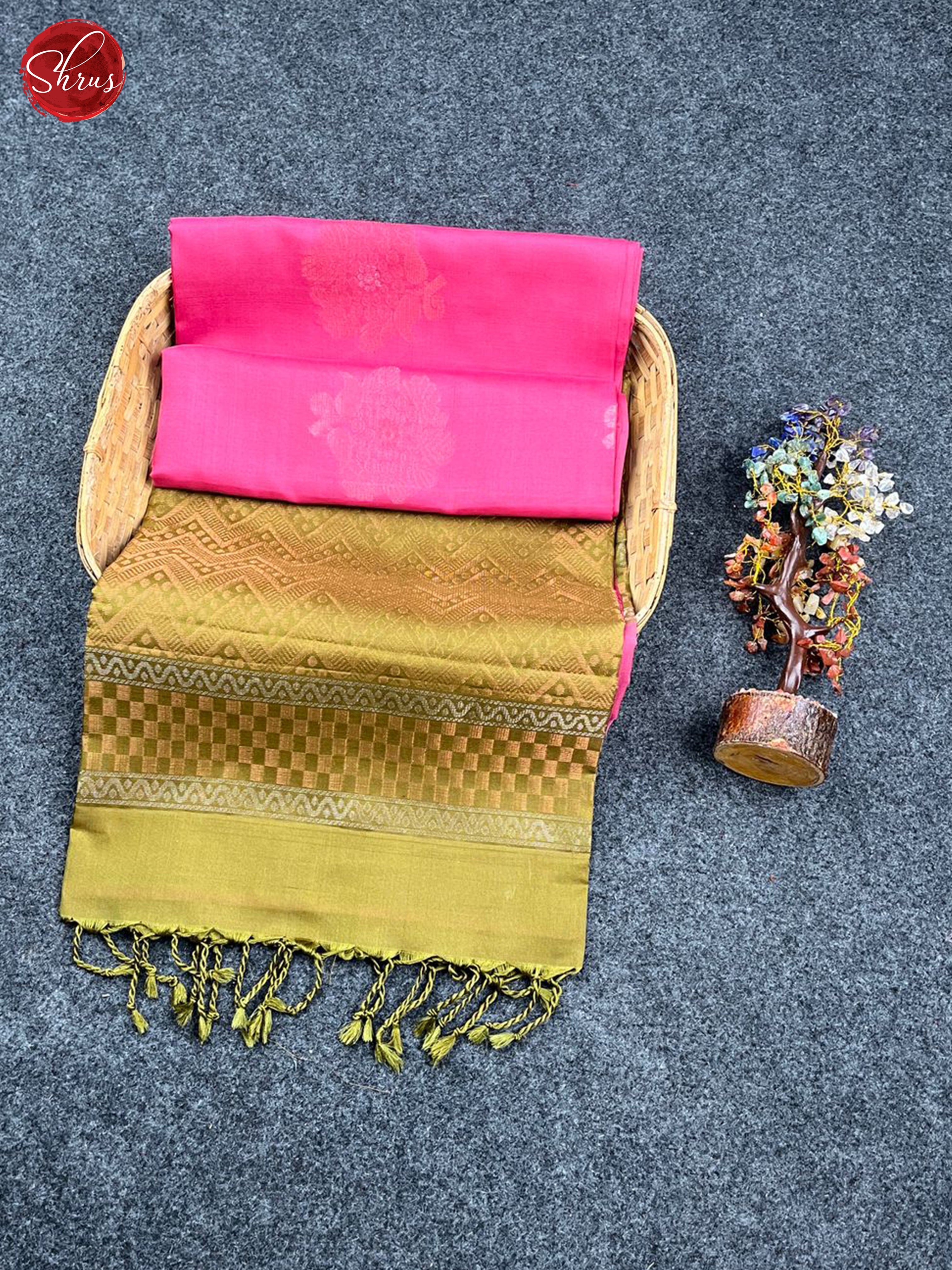 Pink & Mehandi Green - Soft Silk Halfpure Saree - Shop on ShrusEternity.com