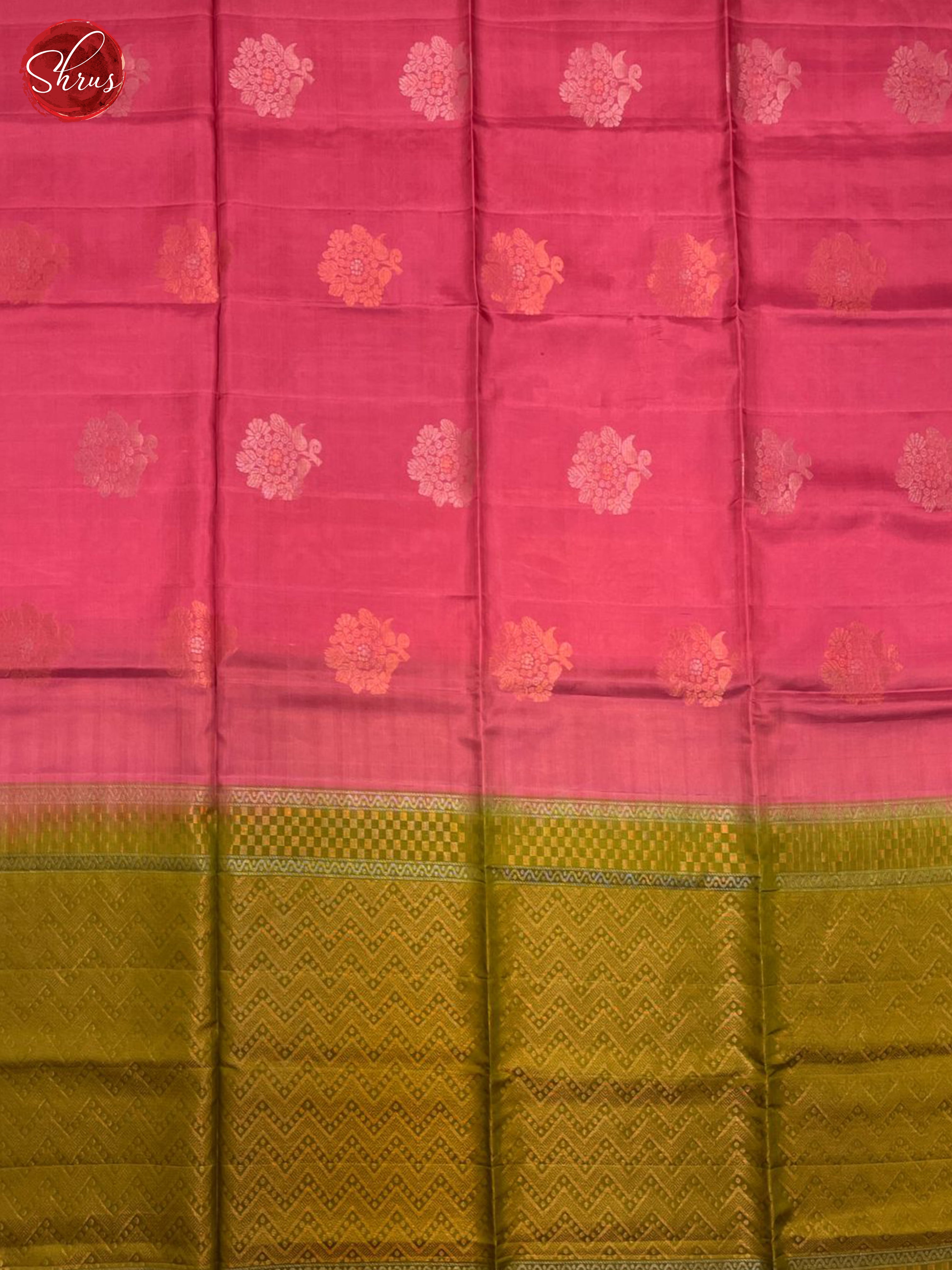 Pink & Mehandi Green - Soft Silk Halfpure Saree - Shop on ShrusEternity.com