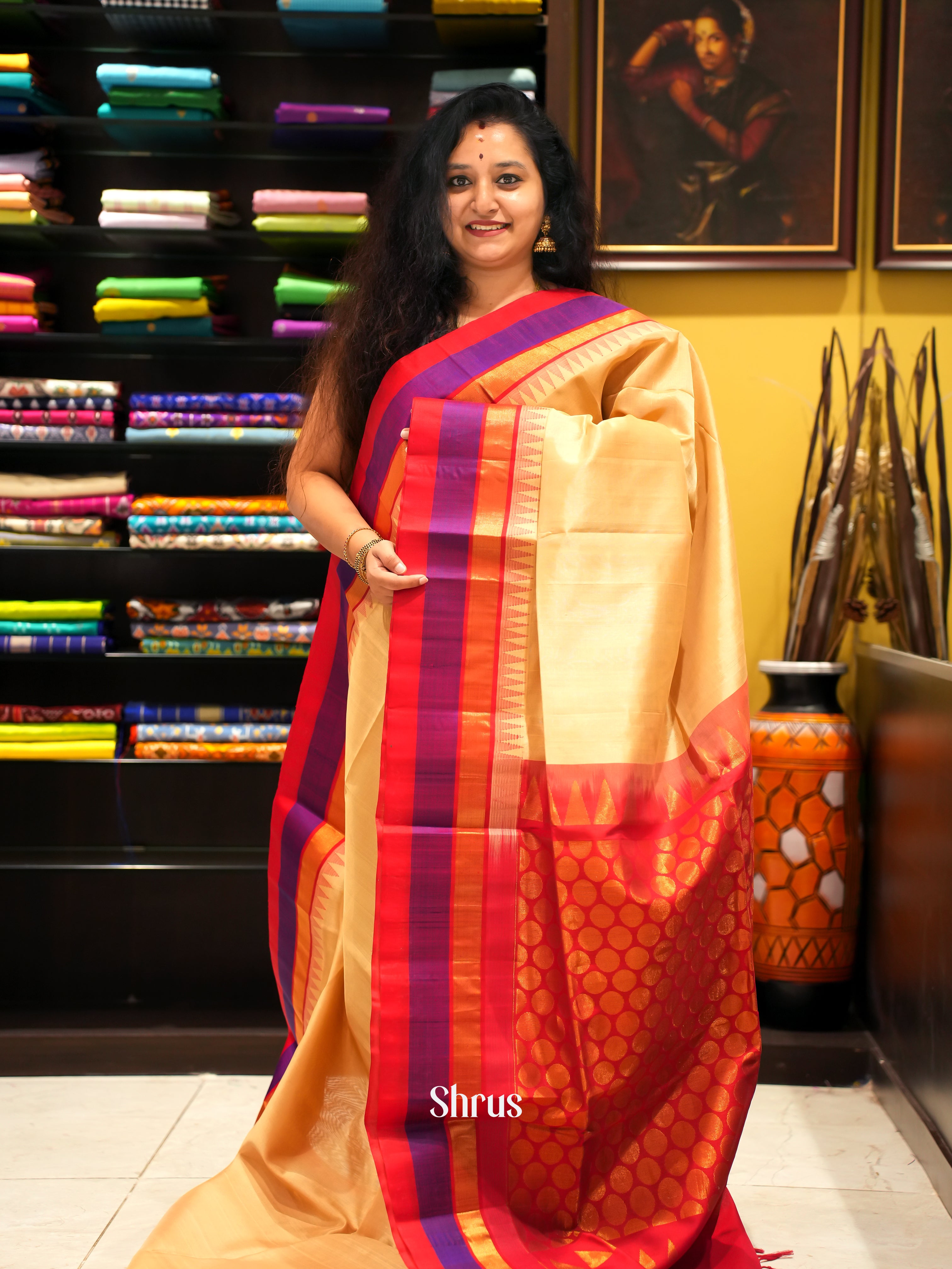 Pale Orange & Red - Silk Cotton Saree