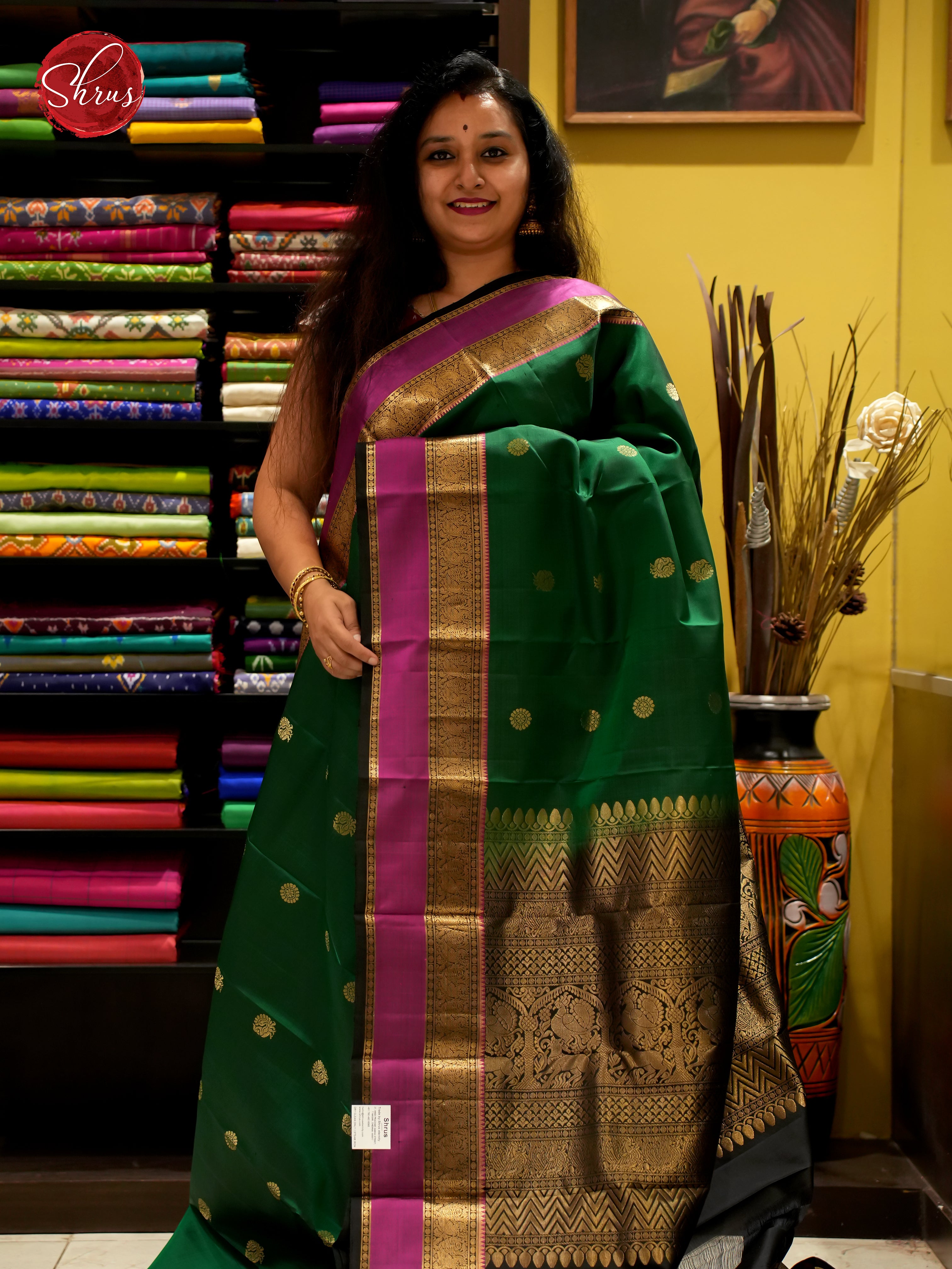 Green & Black  - Soft Silk Saree - Shop on ShrusEternity.com