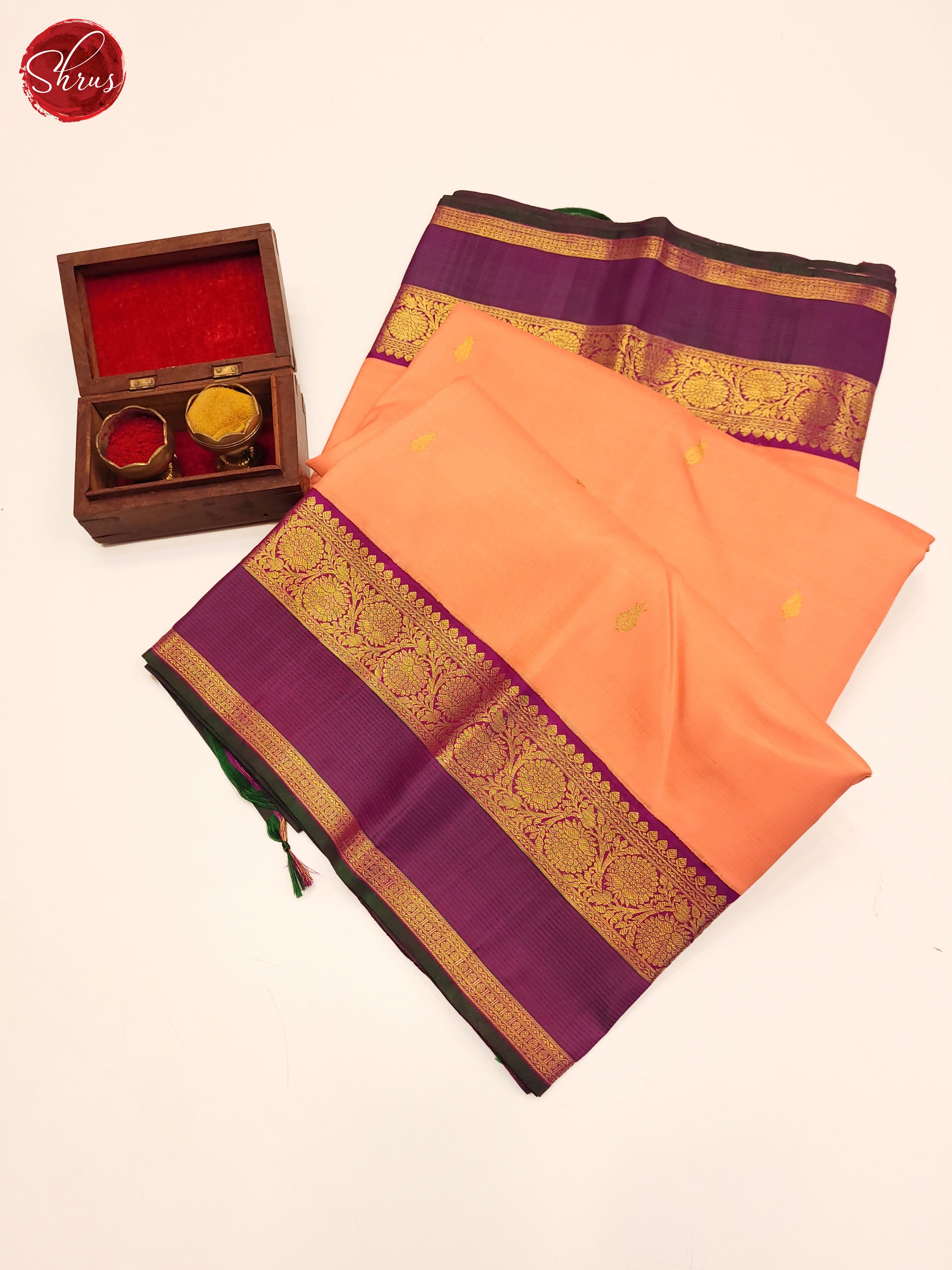 Peach & Purple - Kanchipuram Silk Saree - Shop on ShrusEternity.com