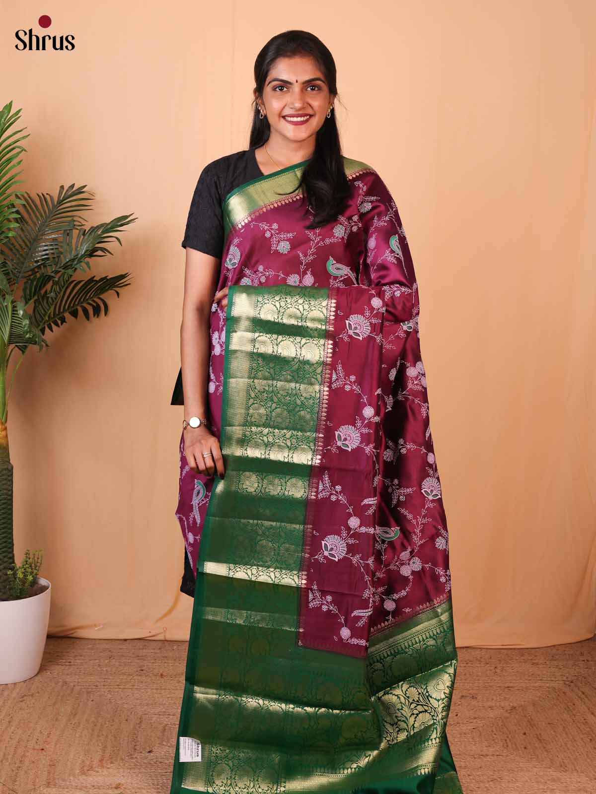 Wine & Green - Tussar Saree