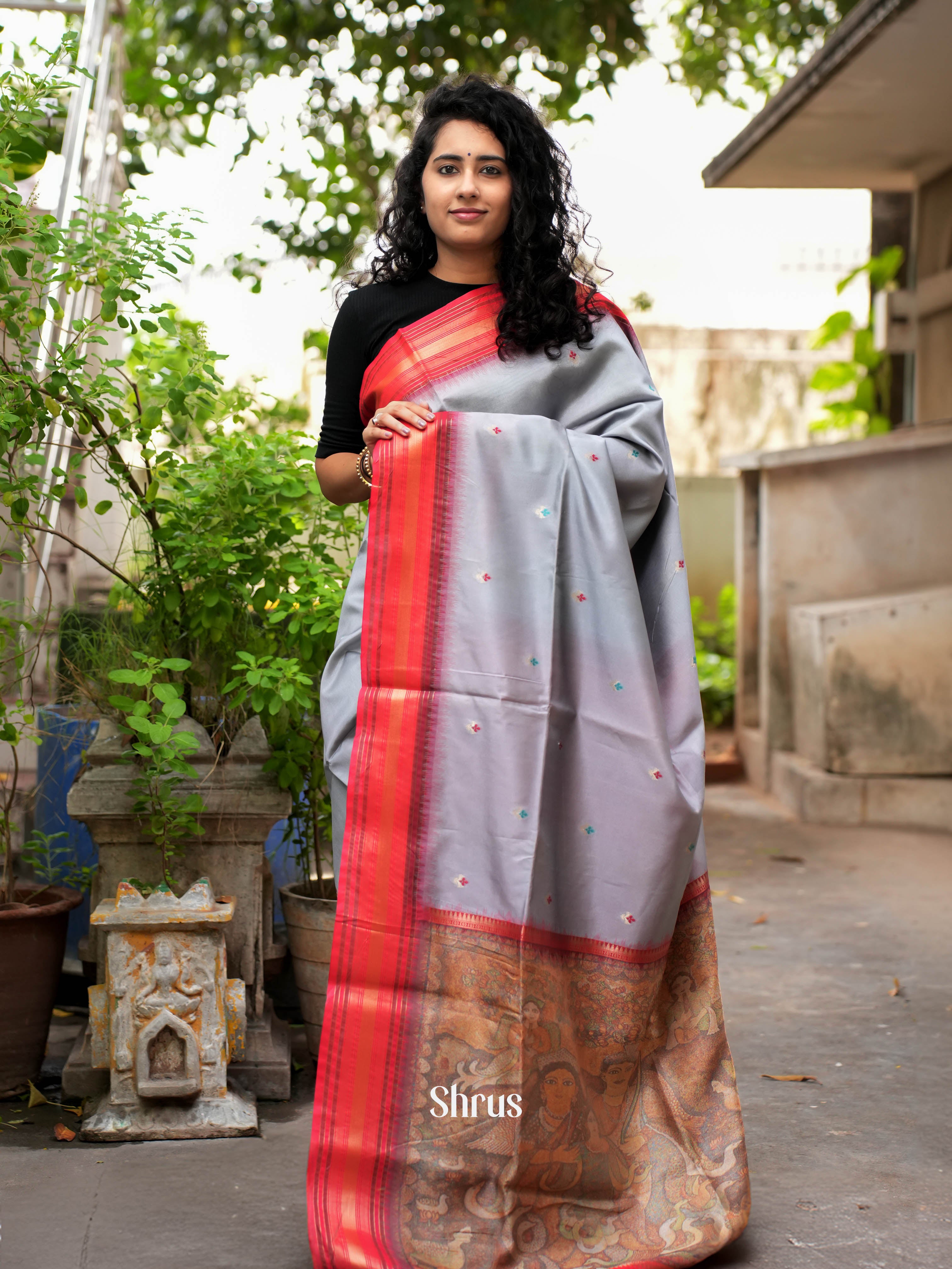 Grey & Red- Semi Tussar Saree