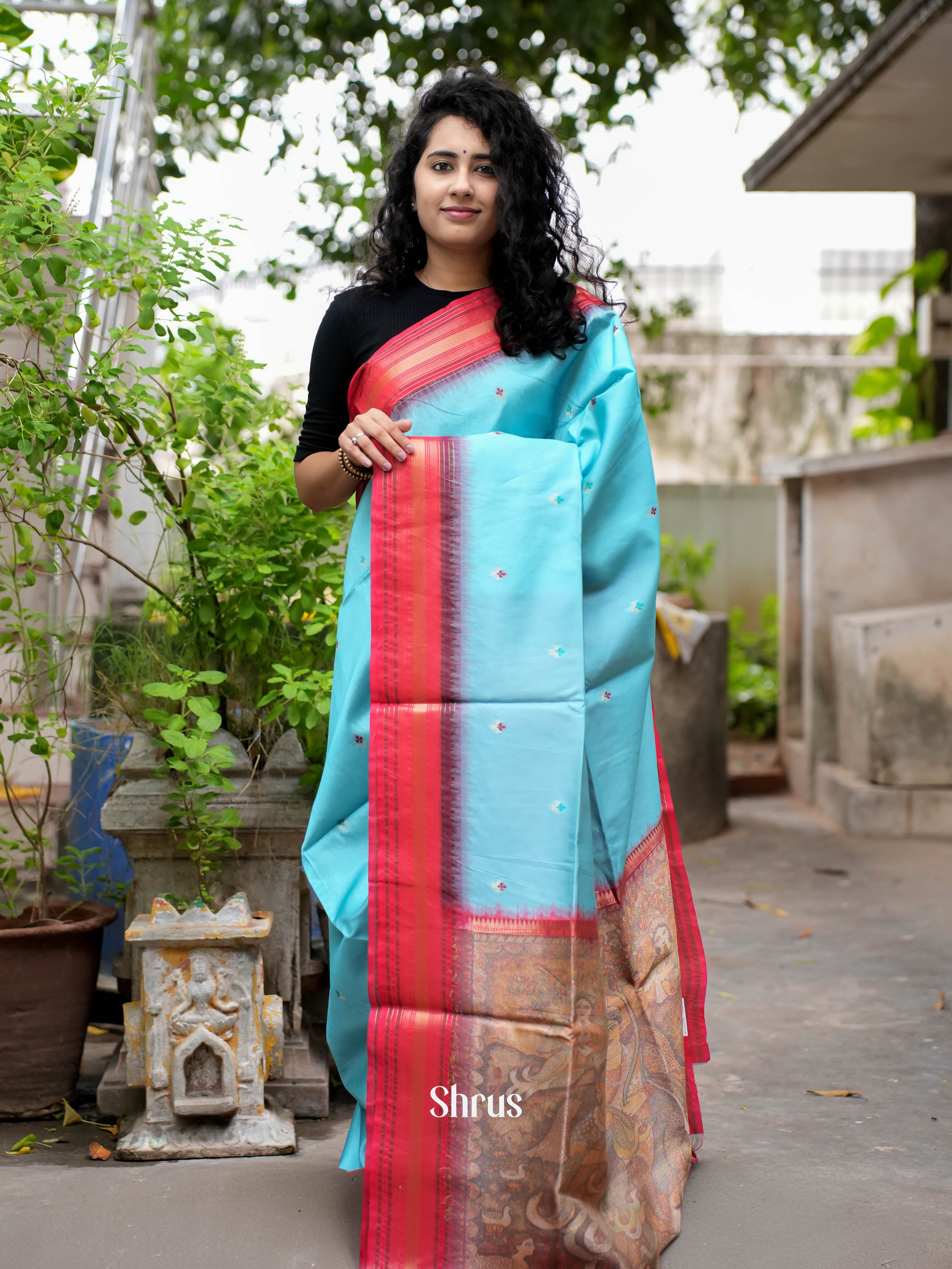 Blue & Red - Semi Tussar Saree