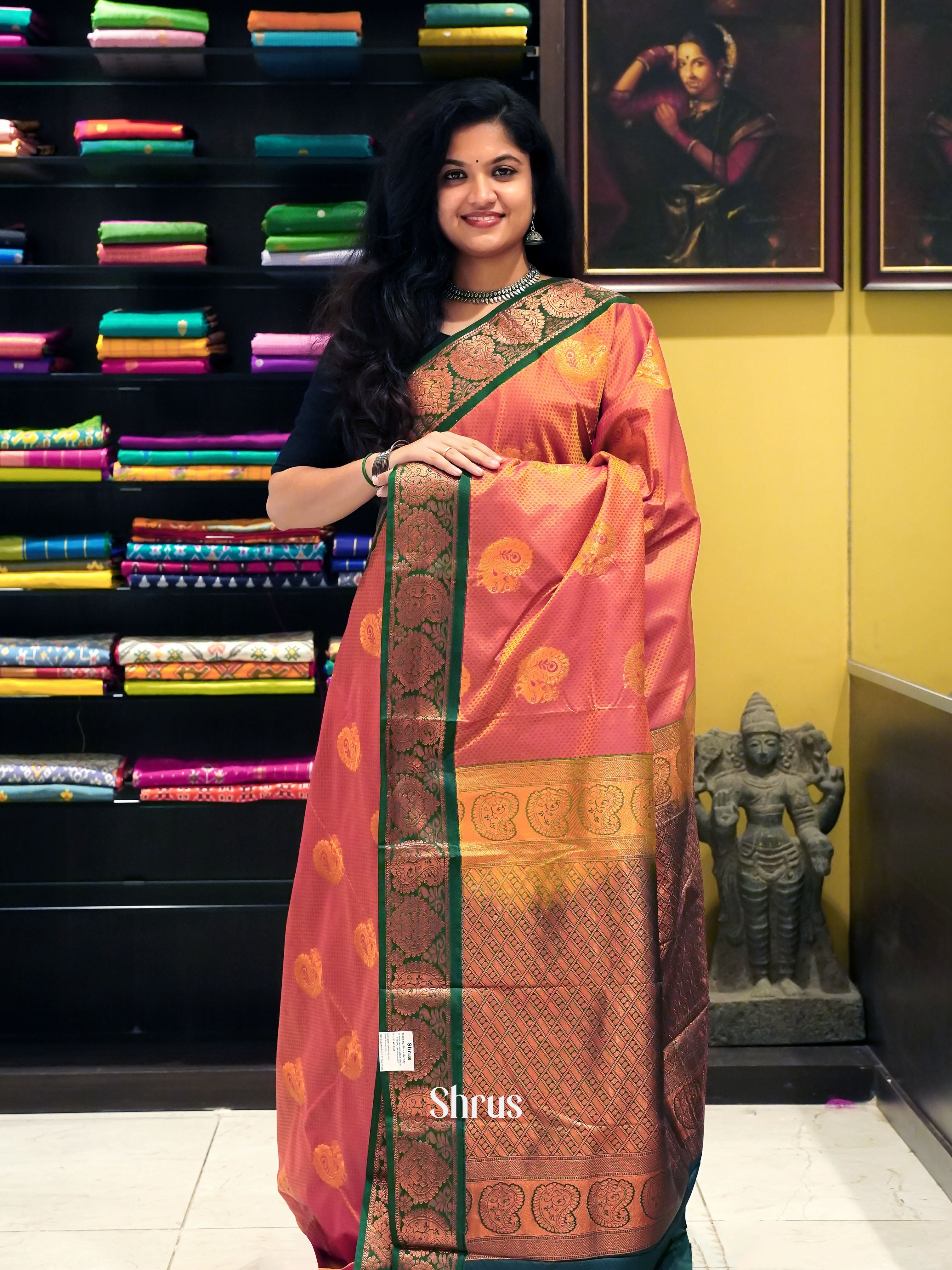 Orange & Green- Semi Kanchipuram Saree