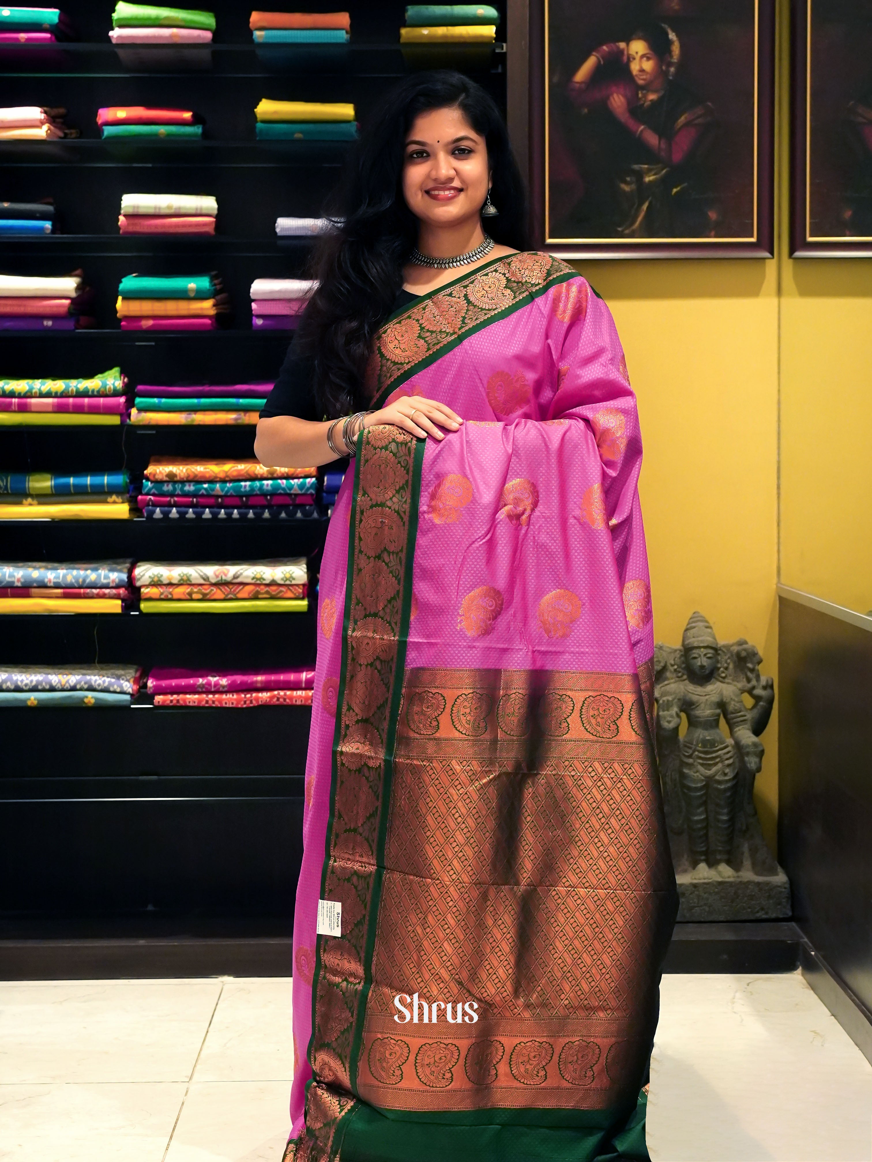 Pink & Bottle Green - Semi Kanchipuram Saree