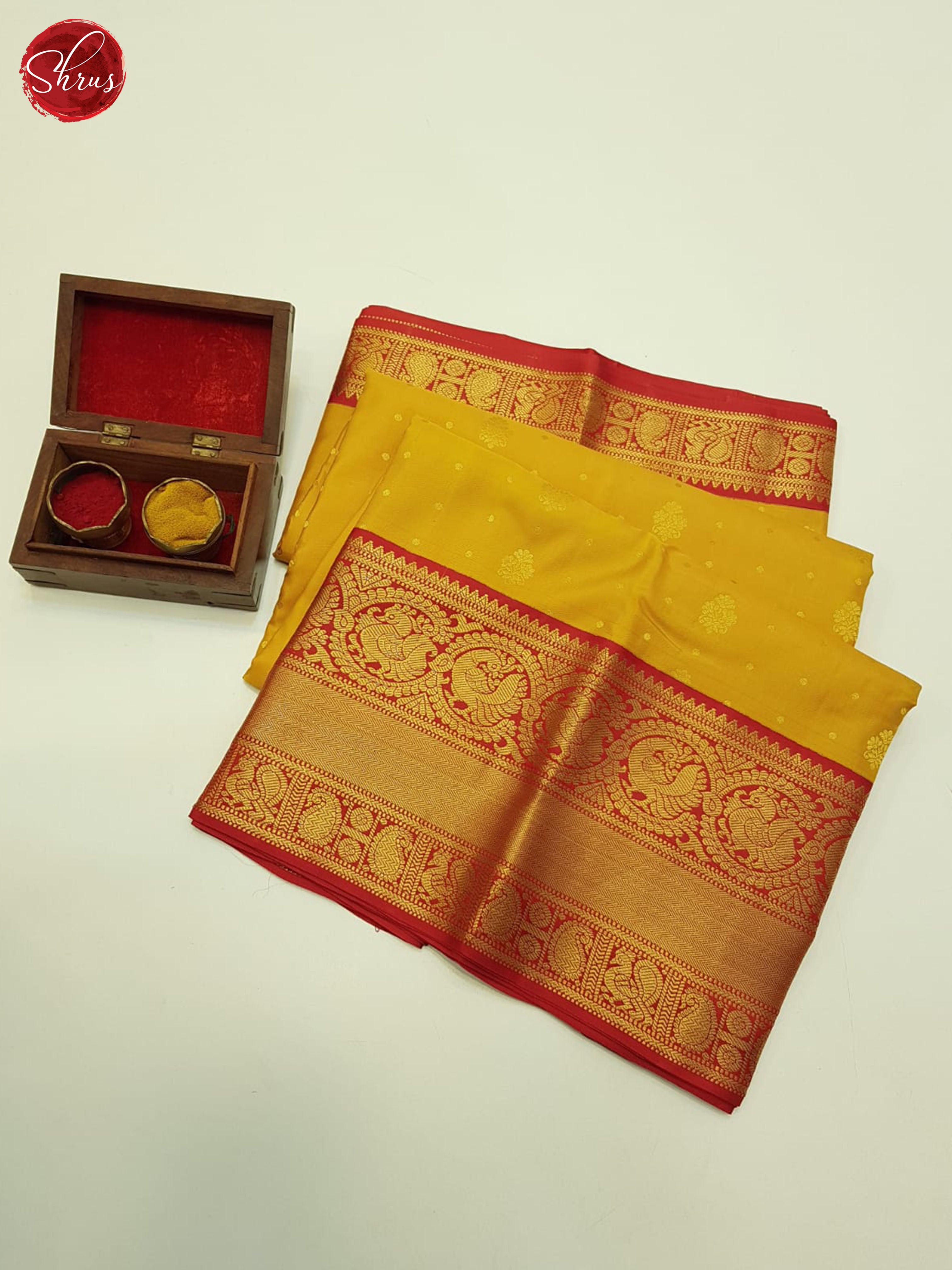 Mustard And Red-Kanchipuram Silk saree - Shop on ShrusEternity.com