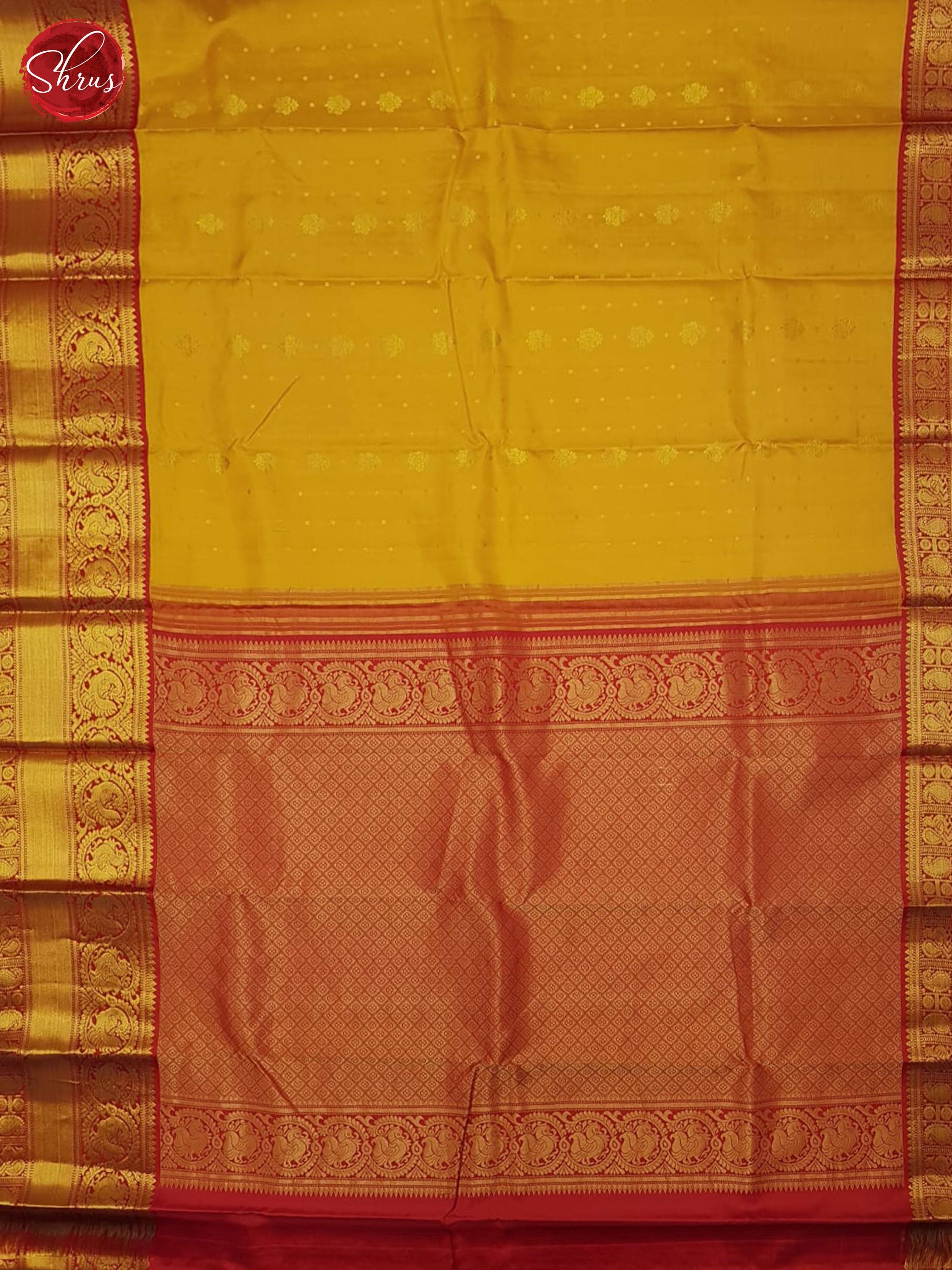Mustard And Red-Kanchipuram Silk saree - Shop on ShrusEternity.com