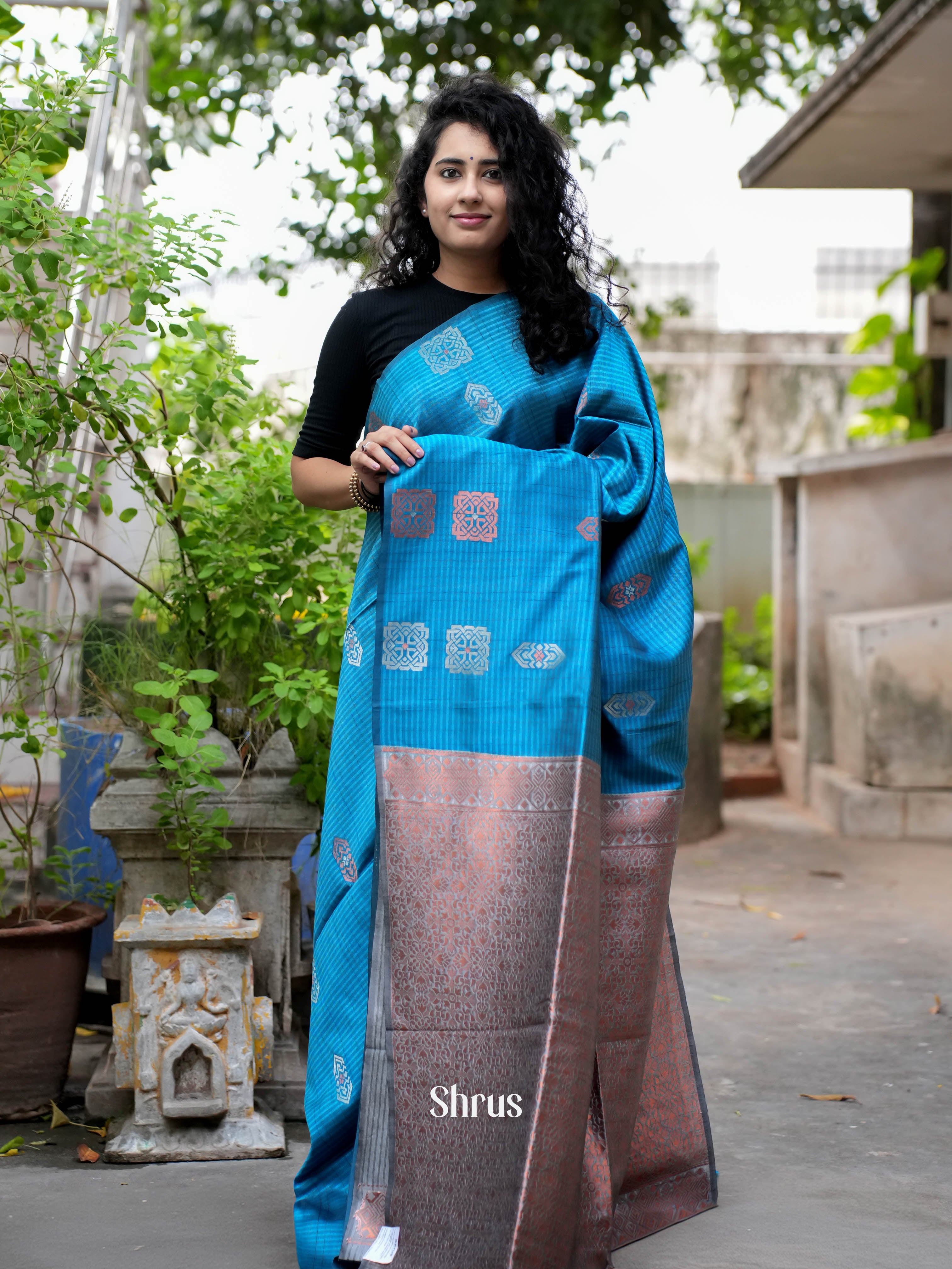 Blue & Grey - Semi Tussar Saree