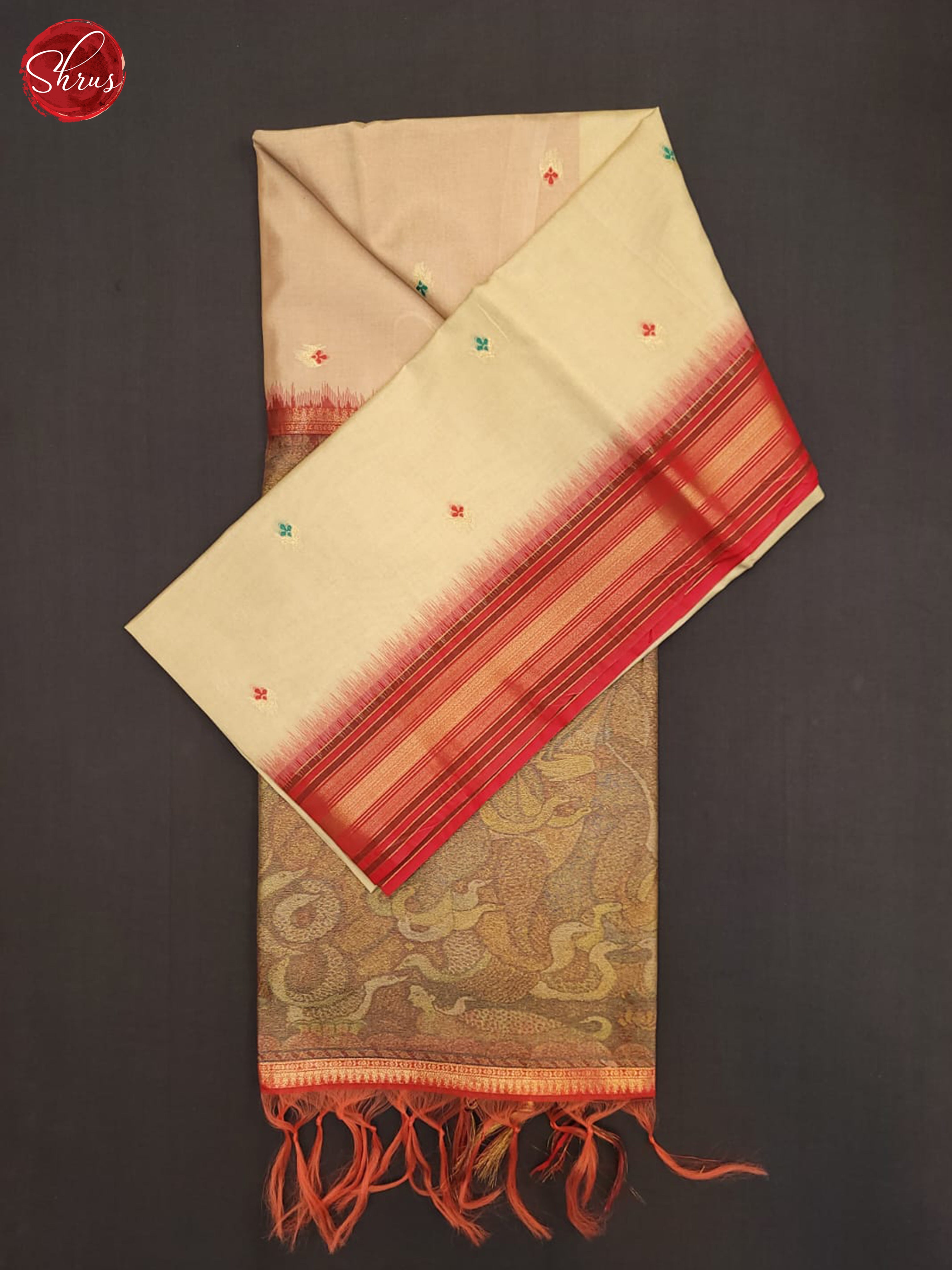 Beige & Red- Semi Tussar Saree - Shop on ShrusEternity.com