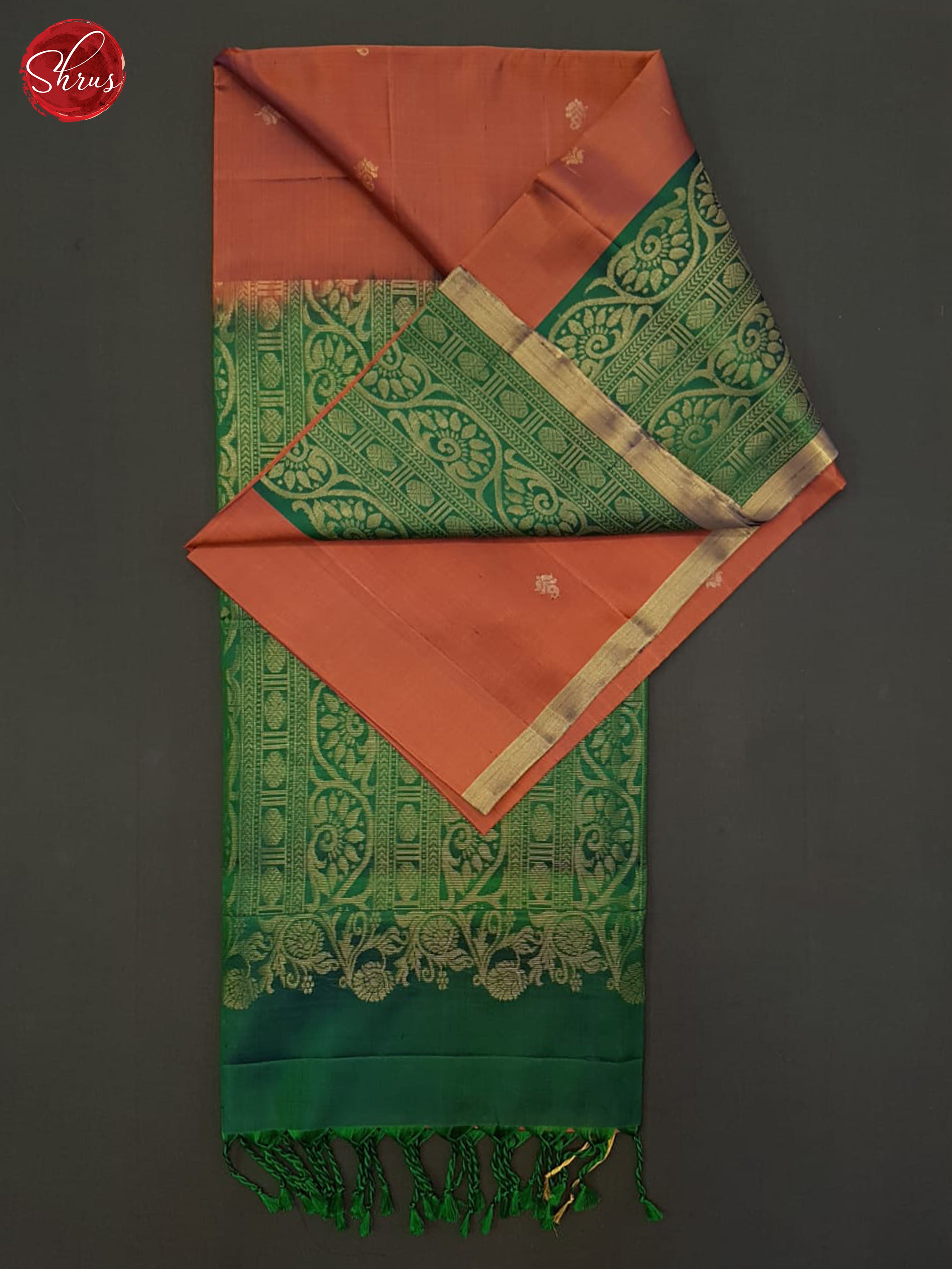 Brick Red & Green - Soft Silk Halfpure Saree - Shop on ShrusEternity.com