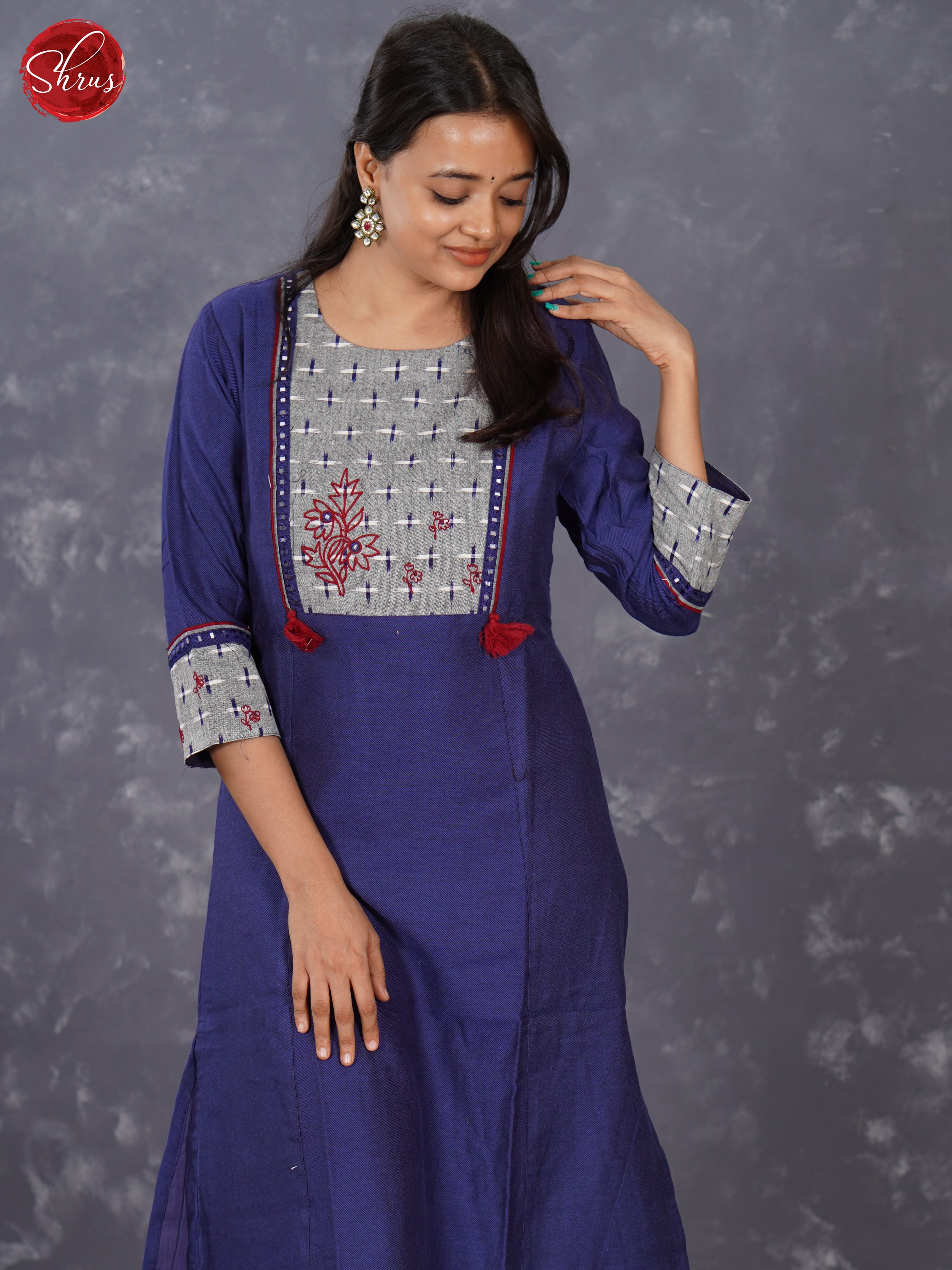 Blue - Readymade kurti Top with Double Ikkat Yoke & Handwork thread design - Shop on ShrusEternity.com