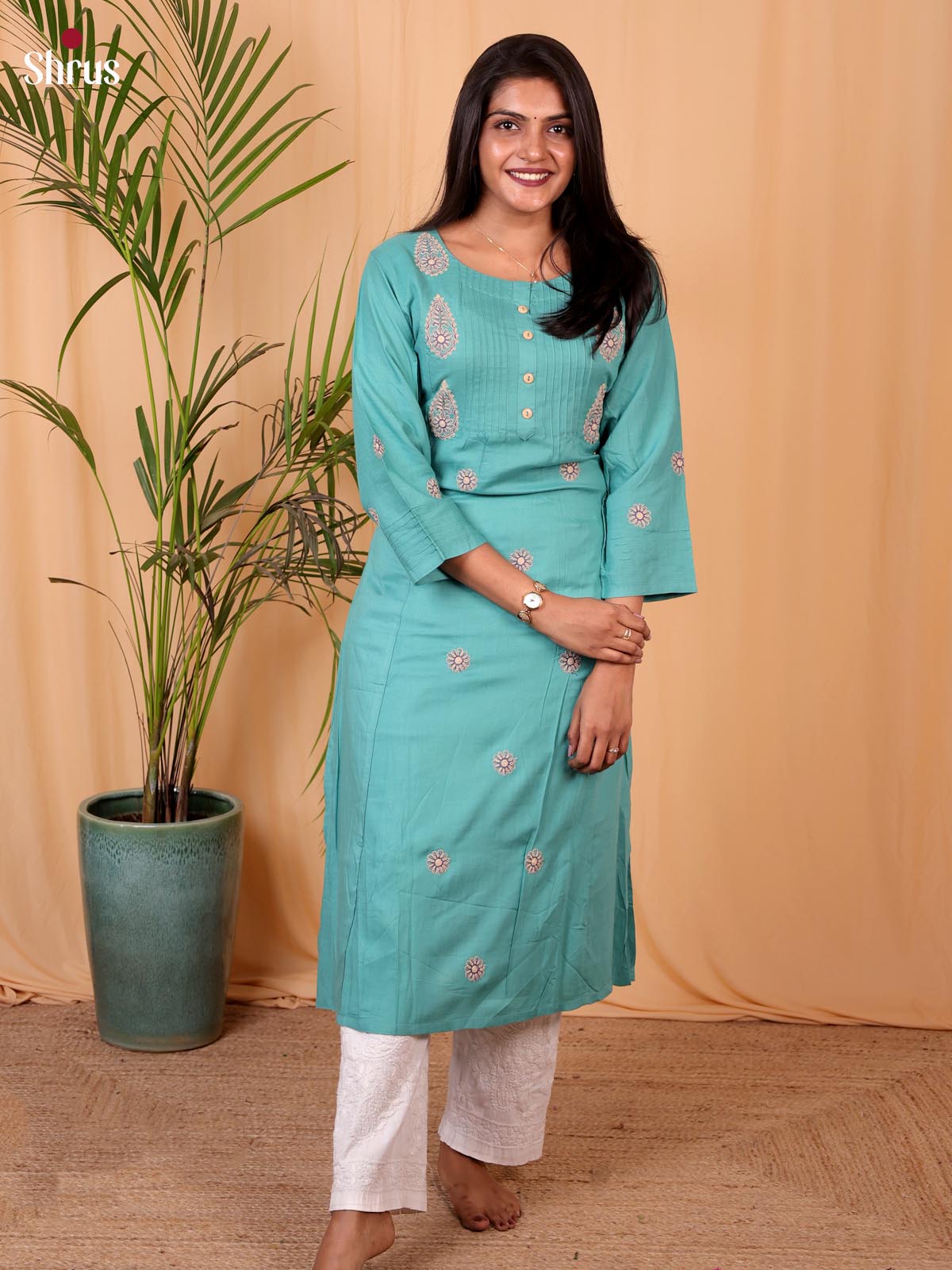 Green  -Mirror Embroidery Readymade Straight  Kurti